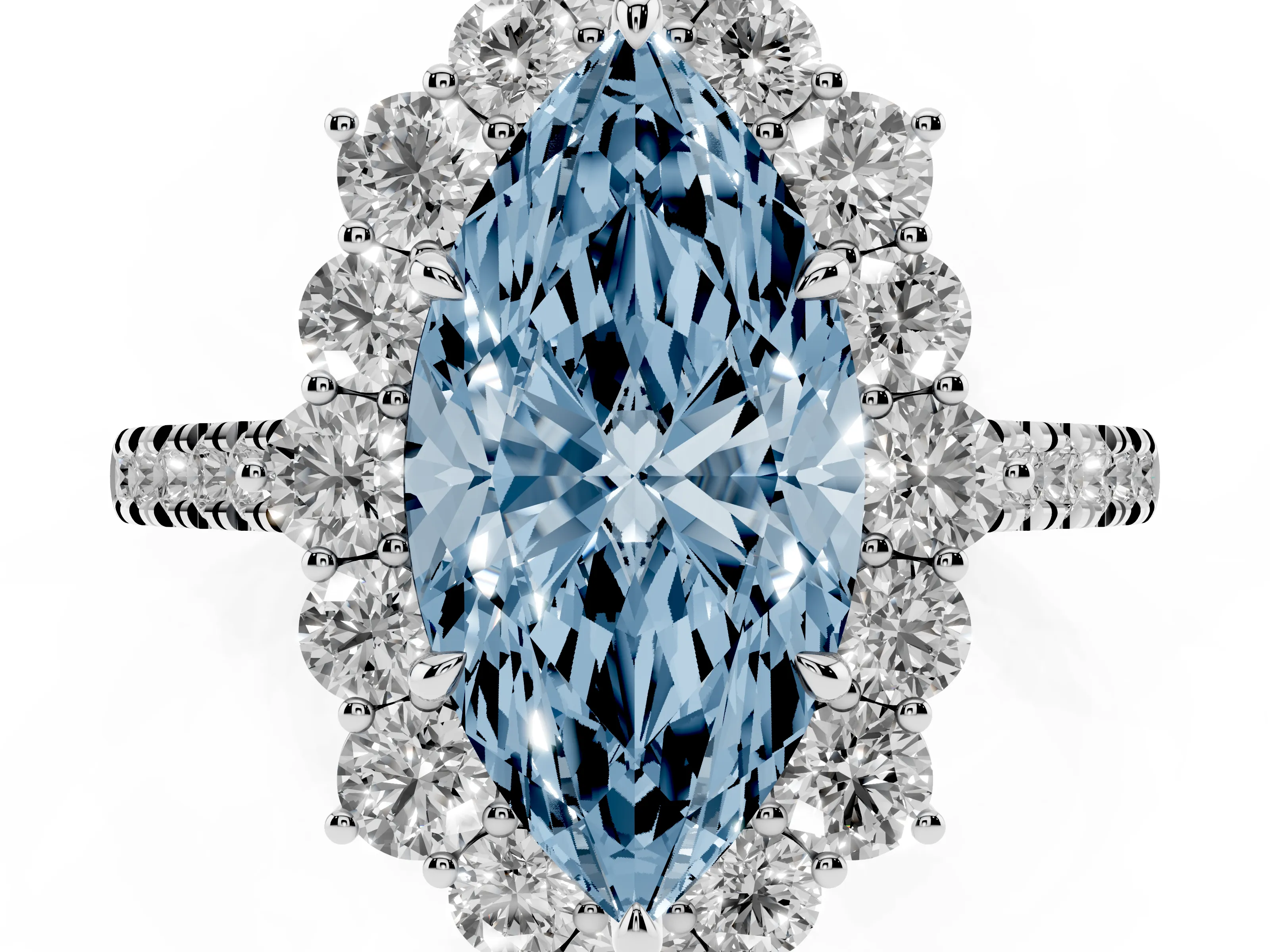 Fancy Blue Marquise Cut Diamond Halo Ring Set in White gold with Pavé Band and Prong Setting