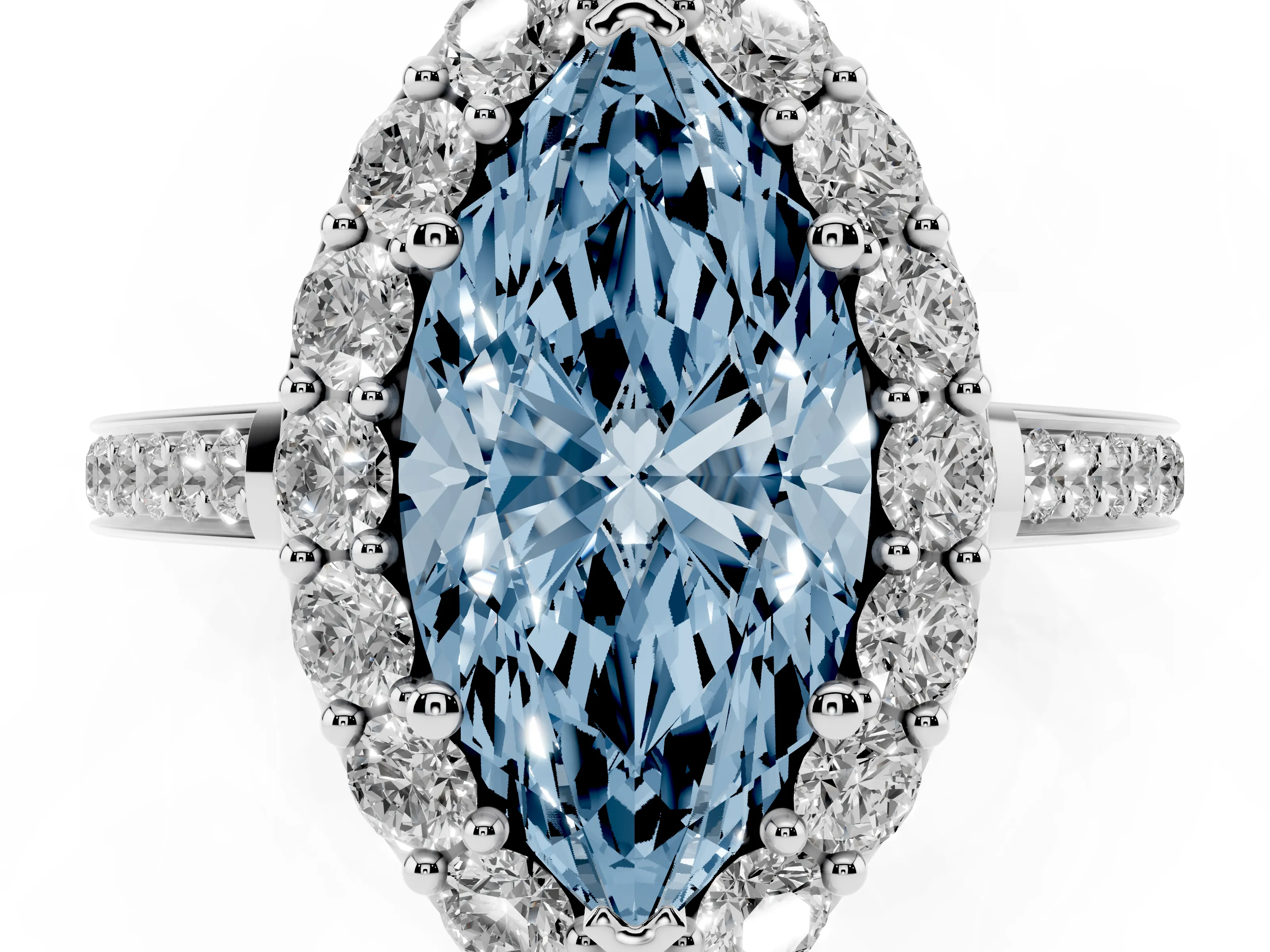 Fancy Blue Marquise Cut Diamond Floral Halo Ring Set in Silver with Pavé Band and Prong Setting