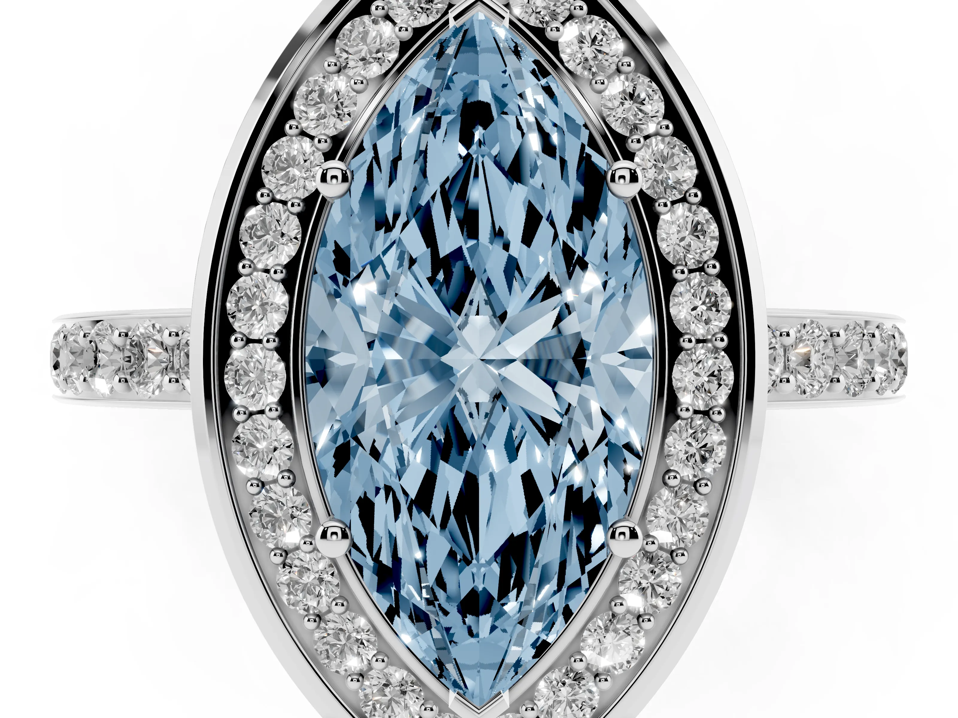 Fancy Blue Marquise Cut Diamond Halo Ring Set in White gold with Bezel Frame and Pavé Band
