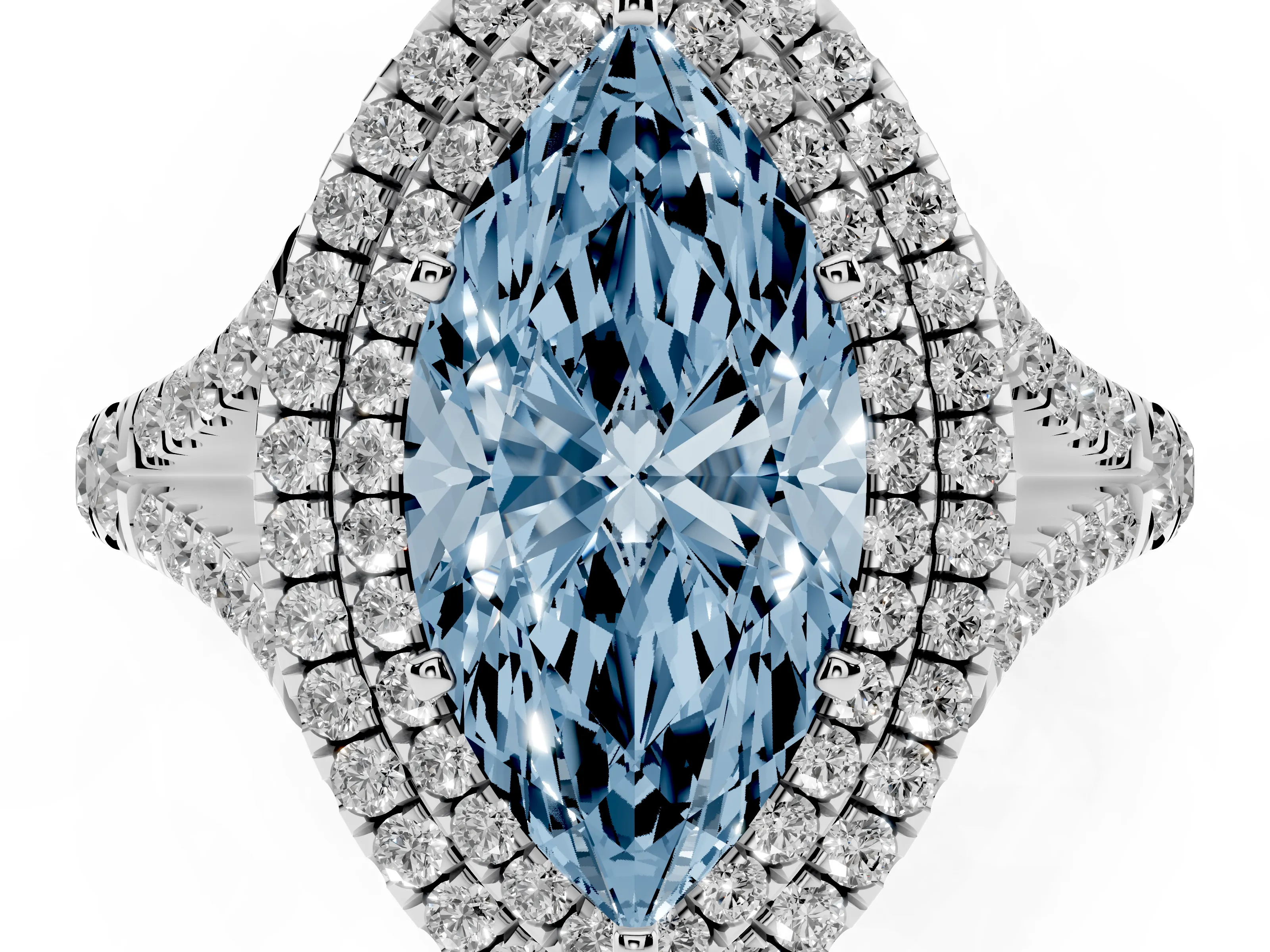 Fancy Blue Marquise Cut Diamond Pavé Split Shank Double Halo Engagement Ring Set in Platinum