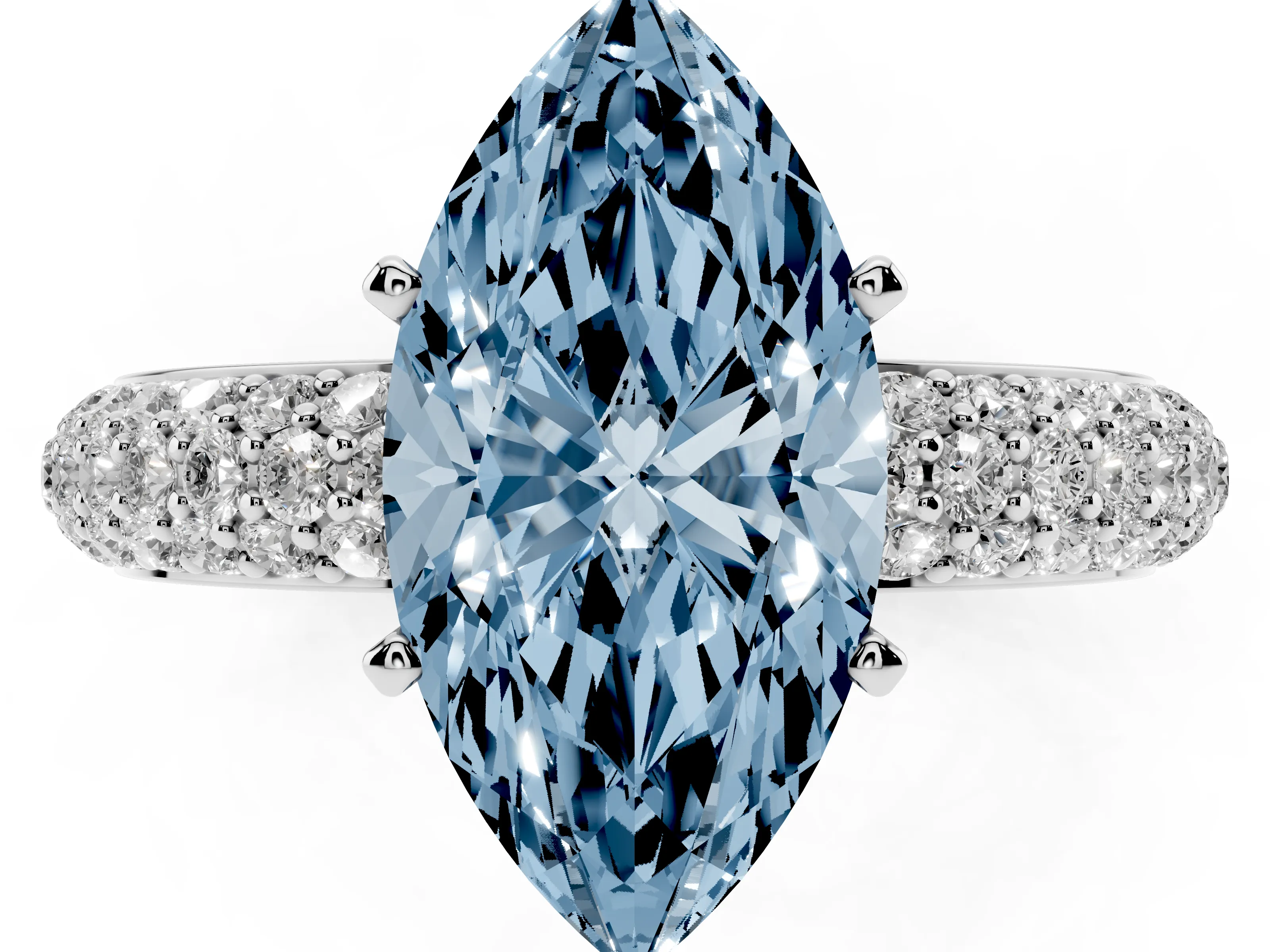 Fancy Blue Marquise Cut Diamond Solitaire Ring Set in White gold with Prong Setting and Pavé-Set Band