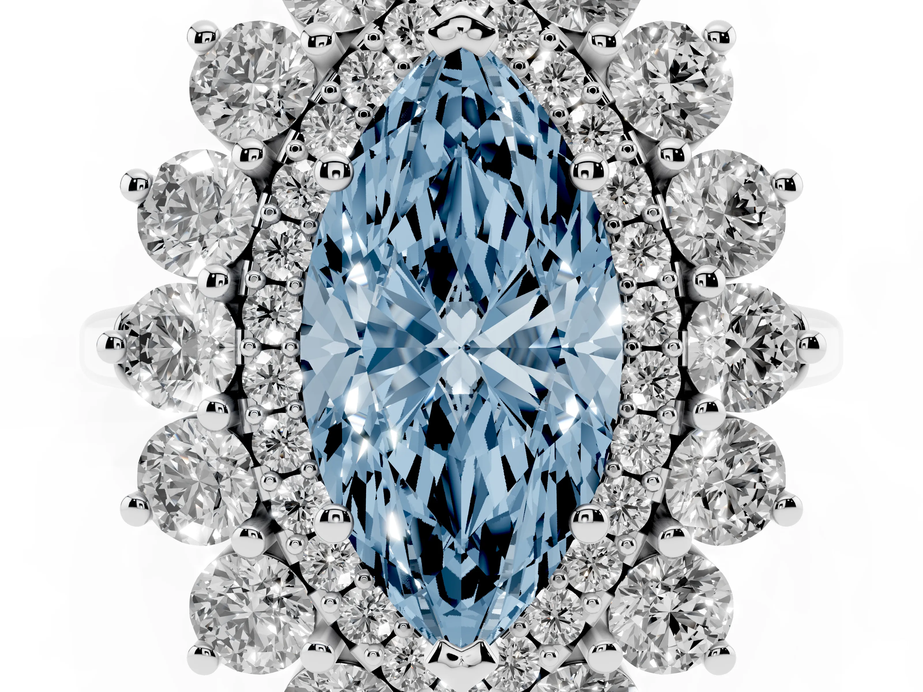 Fancy Blue Marquise Cut Diamond Floral Double Halo Ring Set in Platinum with Round Petals