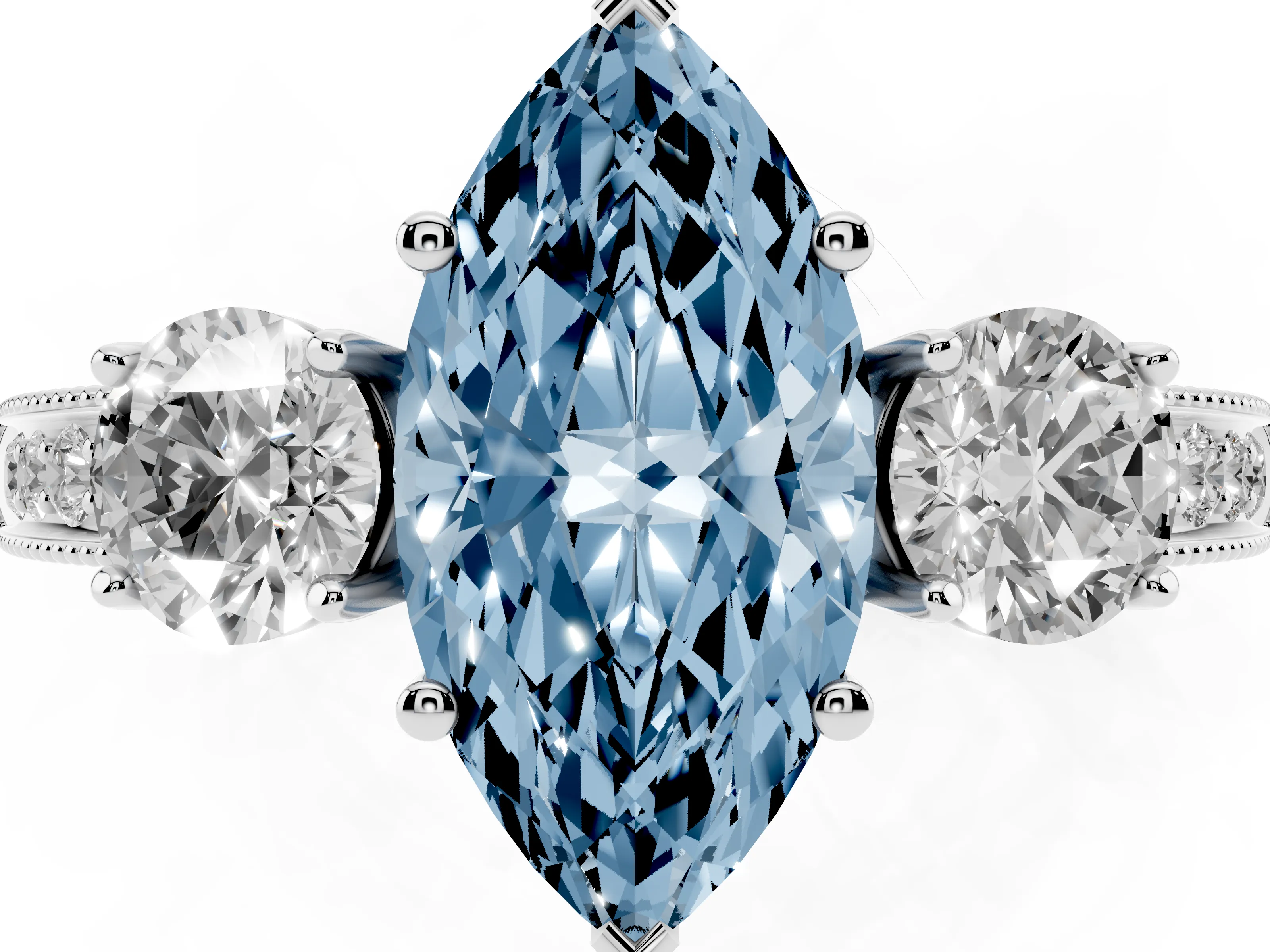 Fancy Blue Marquise Cut Diamond Three-Stone Ring Set in Platinum with Round Side Stones and Pavé Band