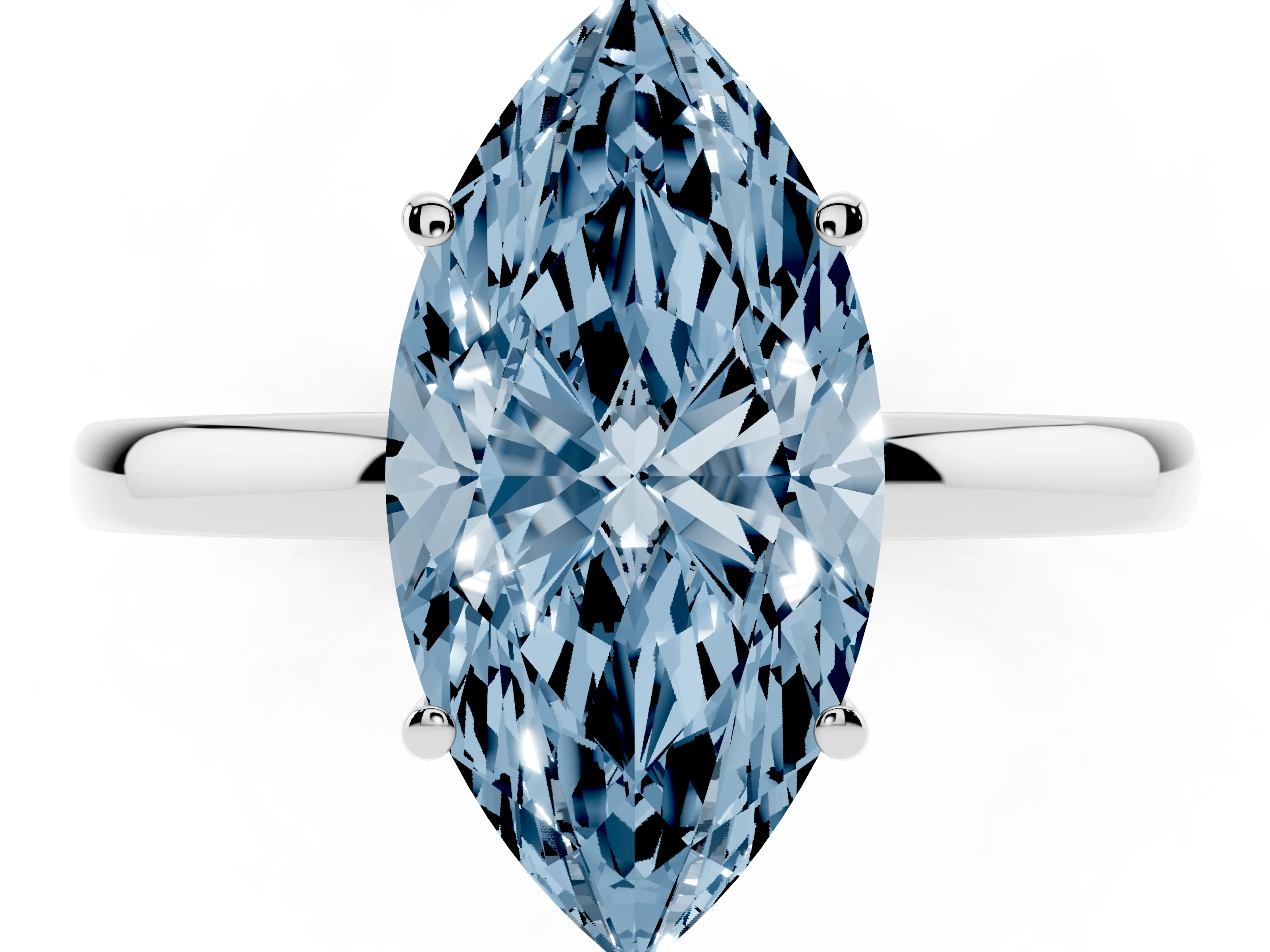 Fancy Blue Marquise Cut Diamond Solitaire Ring Set in Silver with Plain Band and Prong Setting