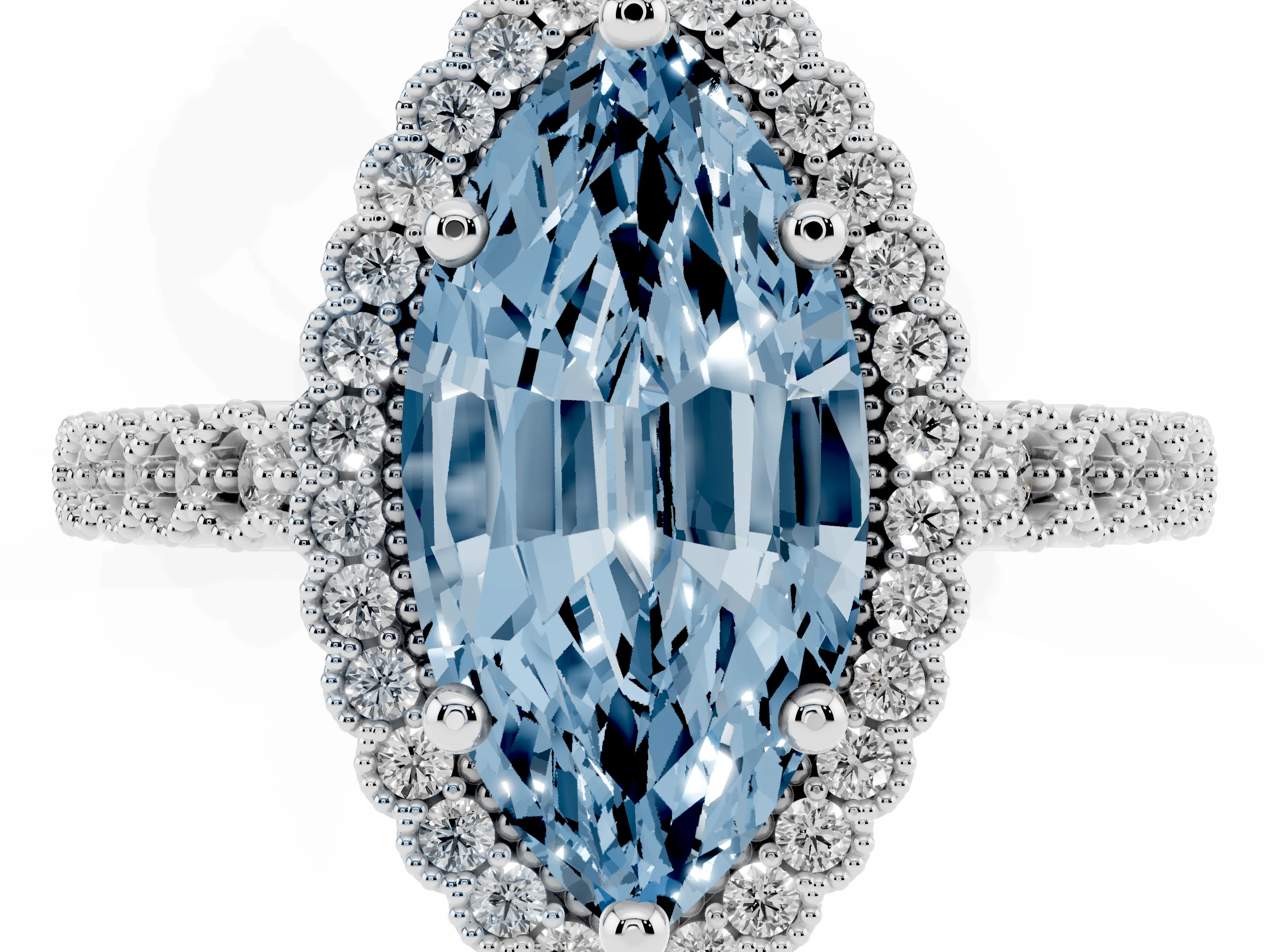 Fancy Blue Marquise Cut Diamond Halo Ring Set in White gold with Pavé Milgrain Band