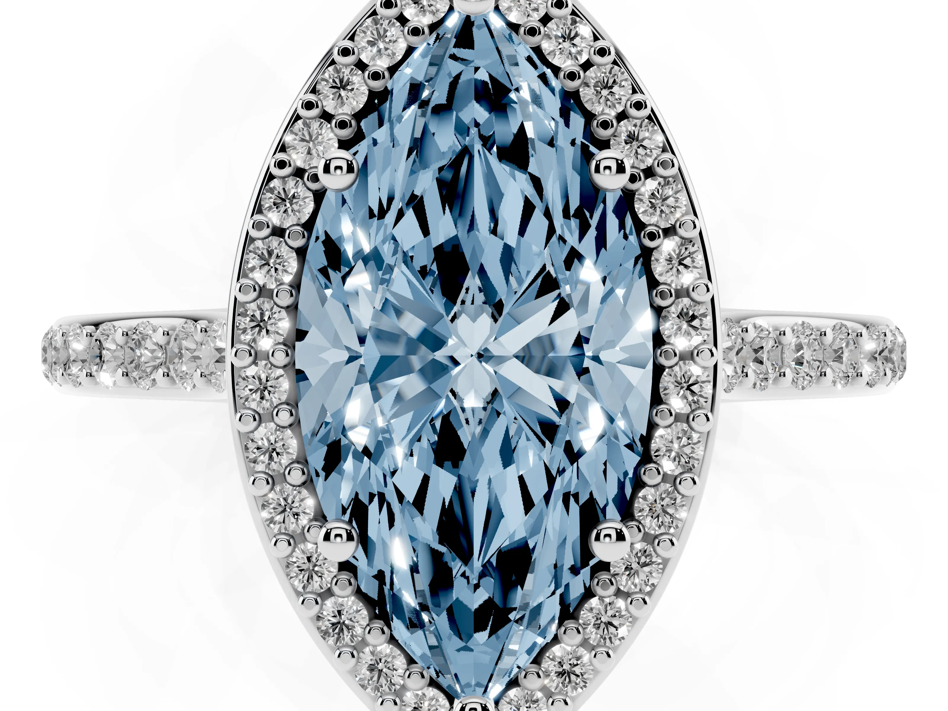 Fancy Blue Marquise Cut Diamond Halo Engagement Ring Set in Silver with Round Pavé Shoulders and Heart Gallery