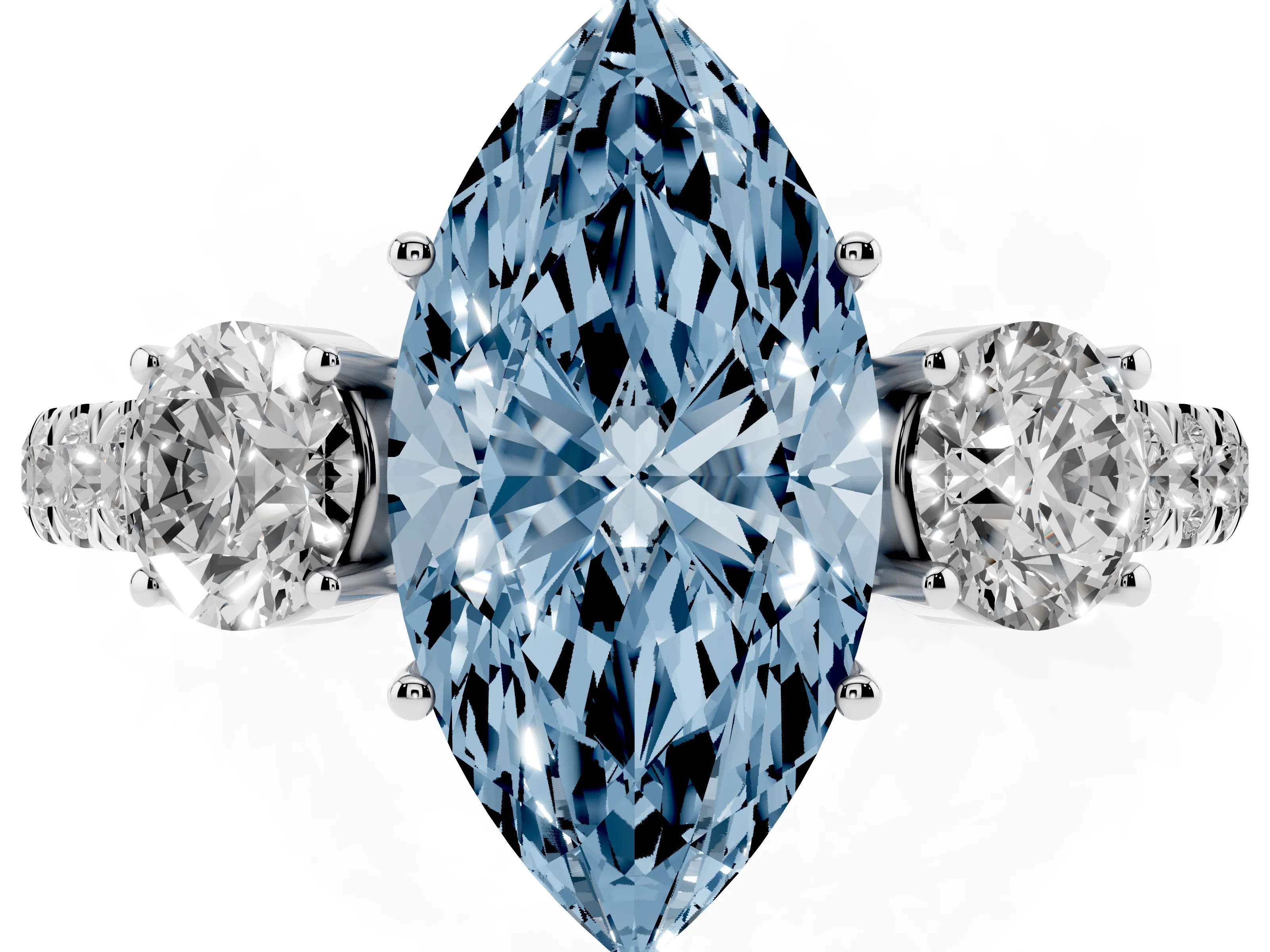 Fancy Blue Marquise Cut Diamond Three-Stone Ring Set in Platinum with Round Side Stones and Delicate Pavé Band