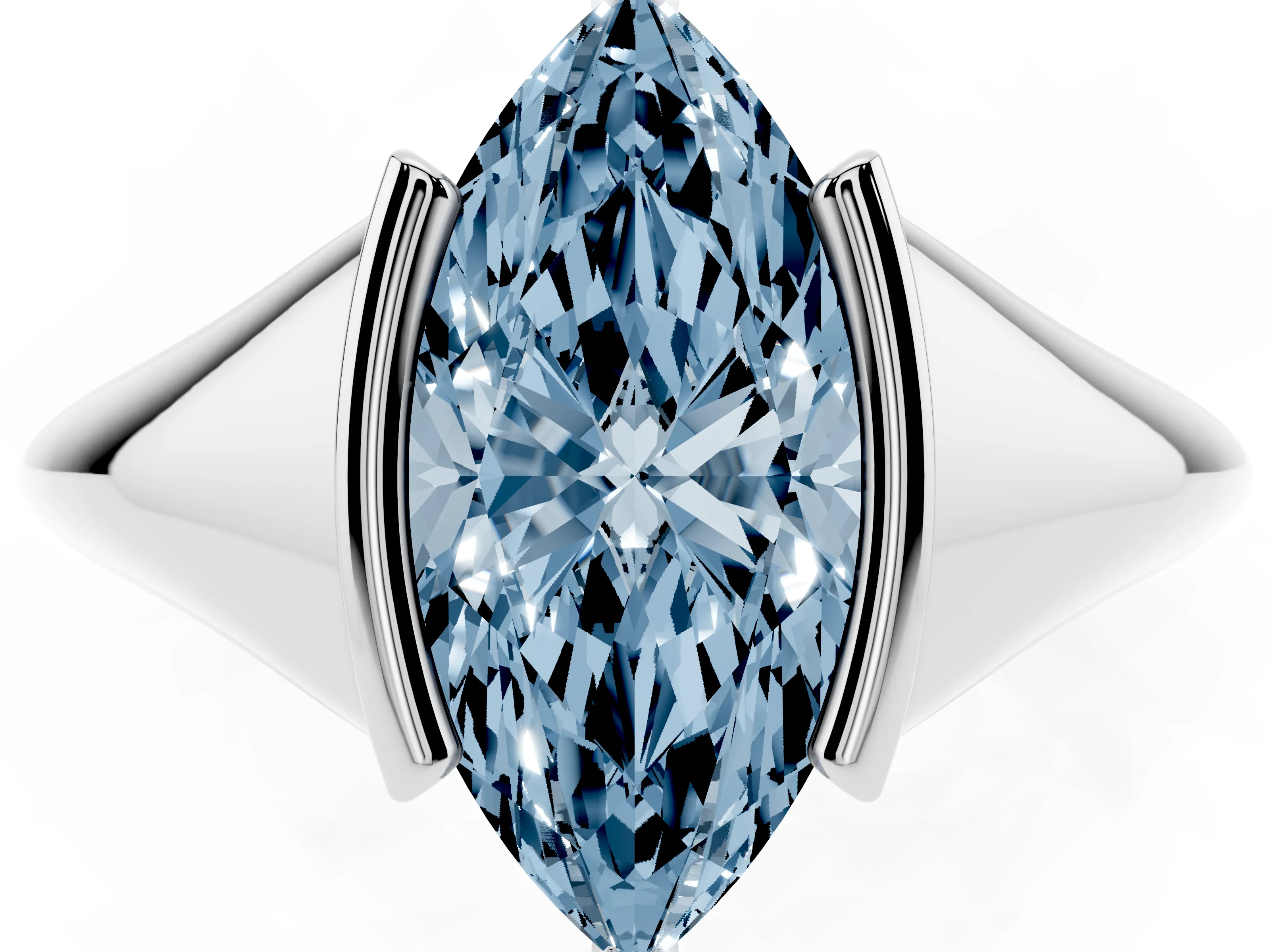 Fancy Blue Marquise Cut Diamond Solitaire Tension Set Ring Set in Platinum