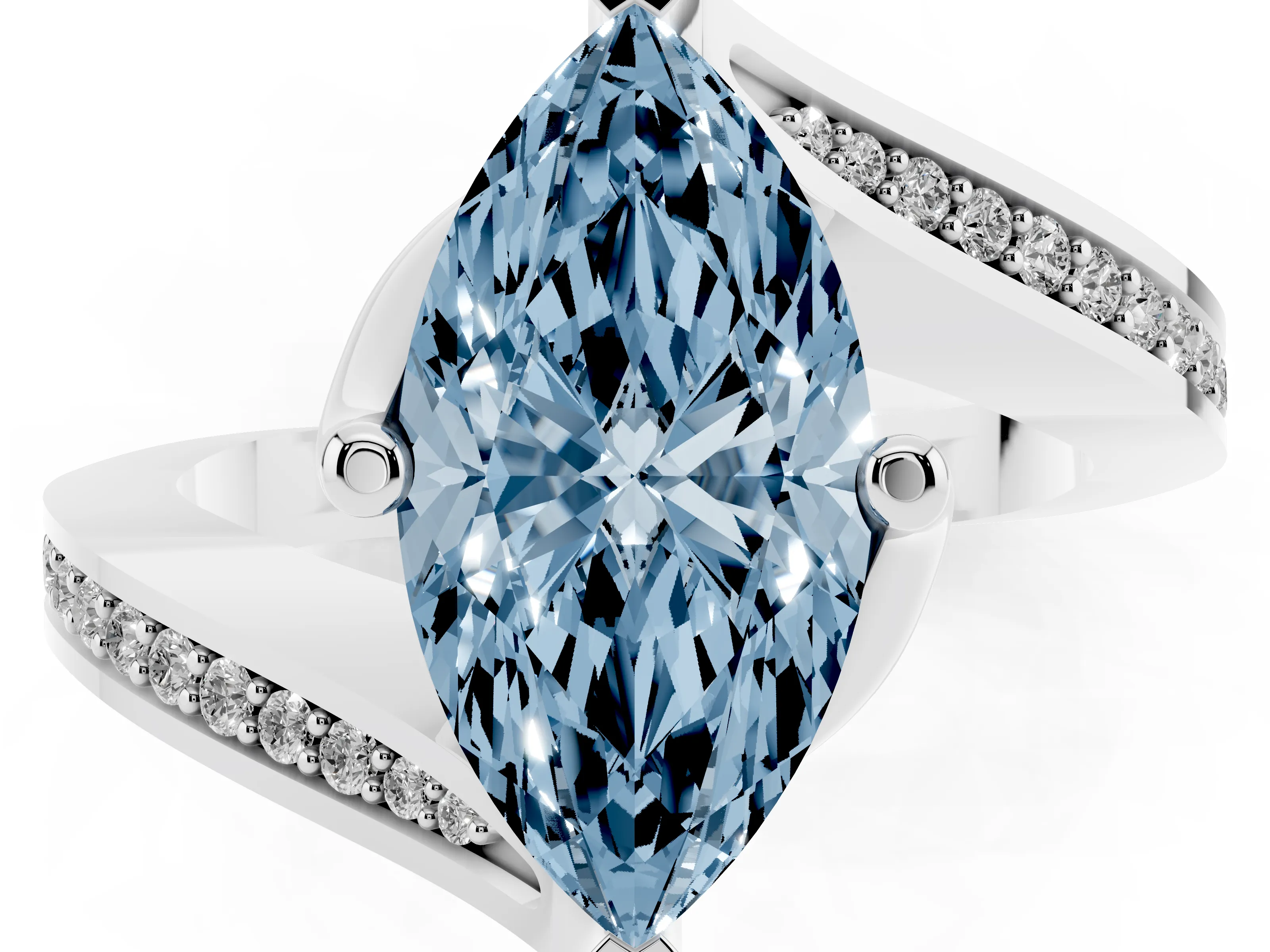 Fancy Blue Marquise Cut Diamond Solitaire Ring Set in Platinum with Intertwined Pavé Twist Band