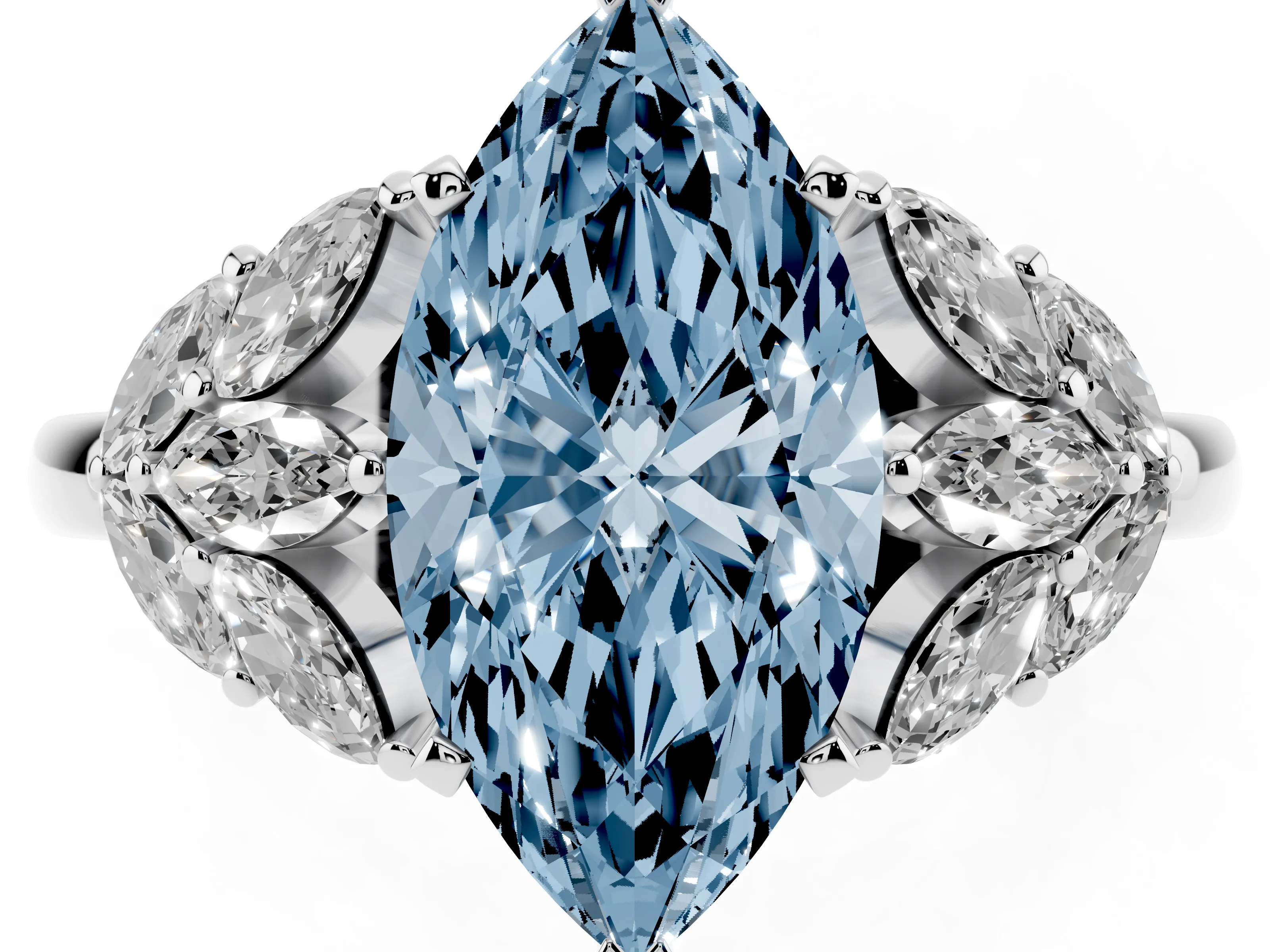 Fancy Blue Marquise Cut Diamond Cluster Leaf Design Ring Set in Platinum with Prong Setting
