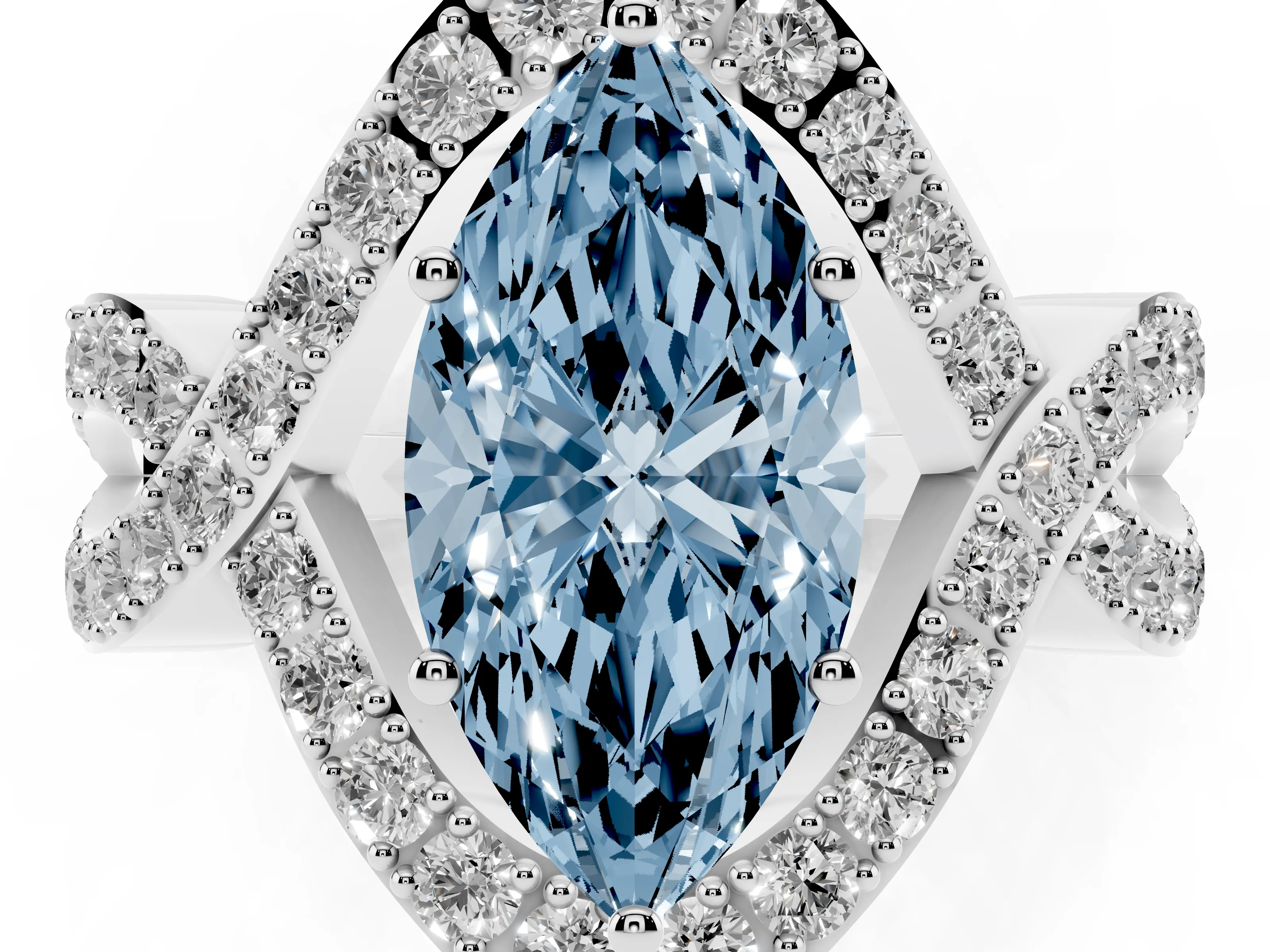 Fancy Blue Marquise Cut Diamond Solitaire Twist Band Pavé Engagement Ring Set in Silver