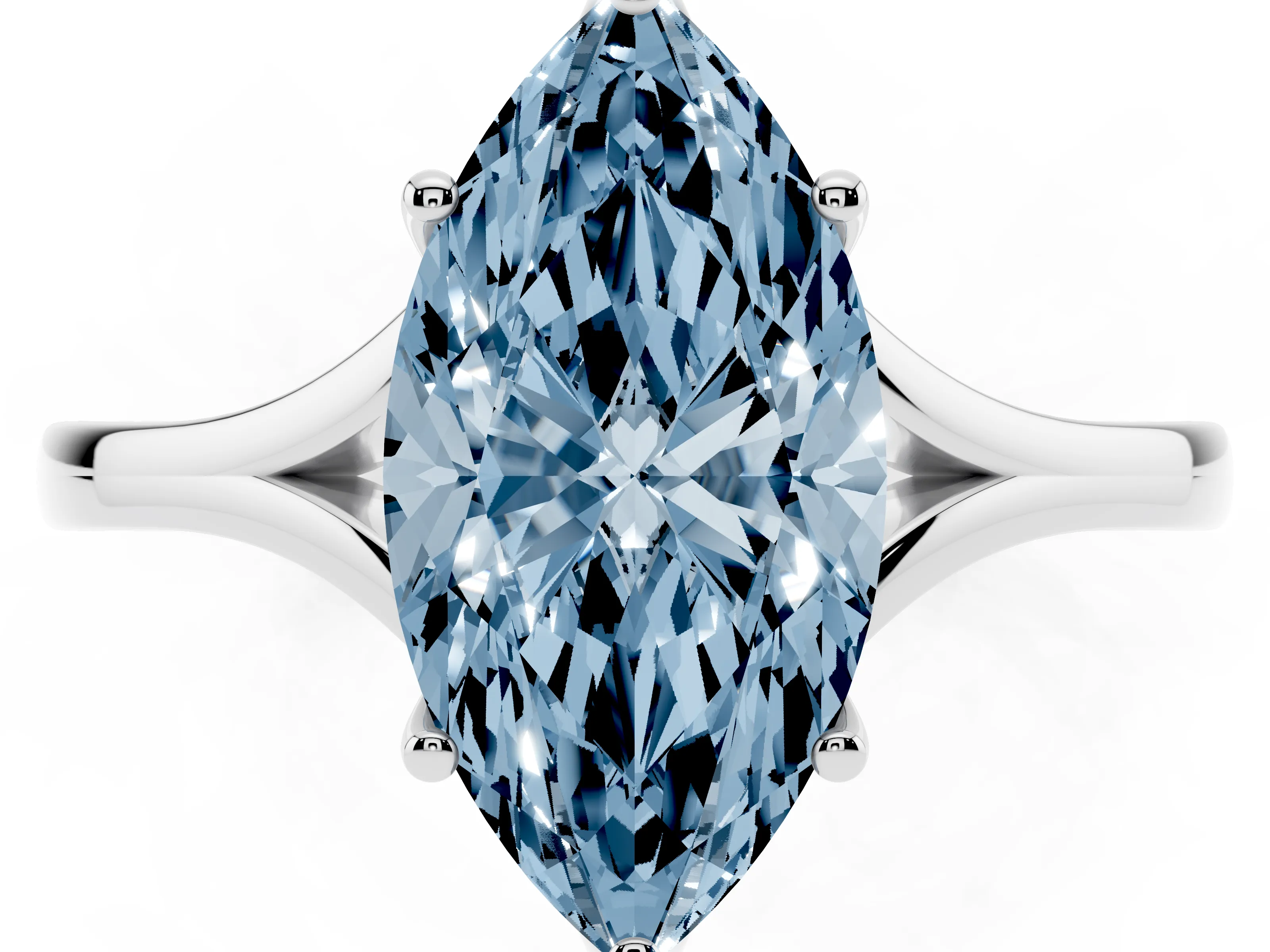 Fancy Blue Marquise Cut Diamond Solitaire Ring Set in Platinum with Polished Tapered Band and Prong Setting