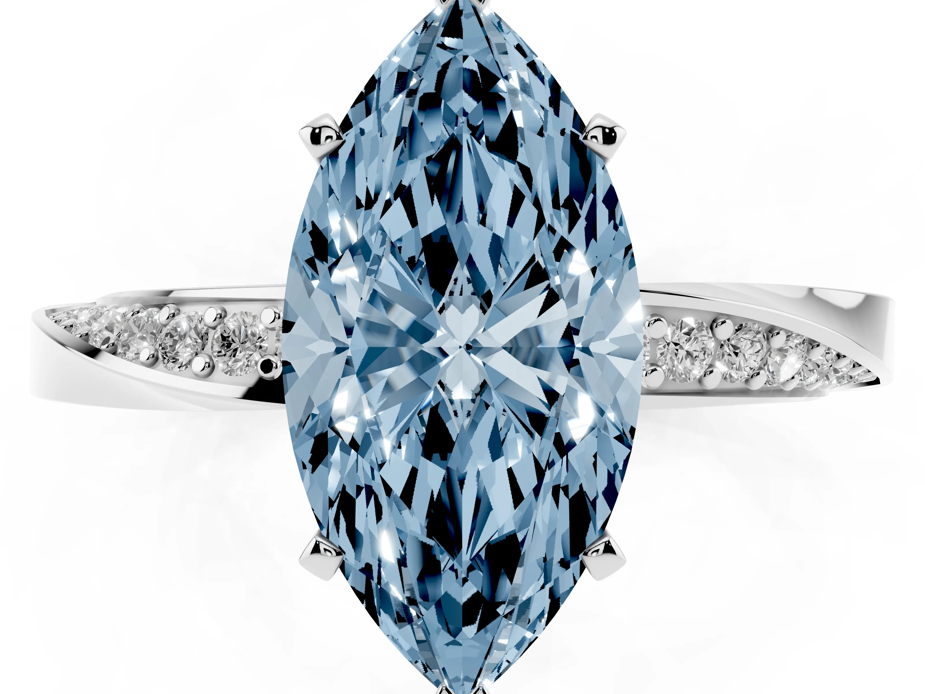 Fancy Blue Marquise Cut Diamond Engagement Ring Set in Platinum with Side Stone Accents and Prong Setting