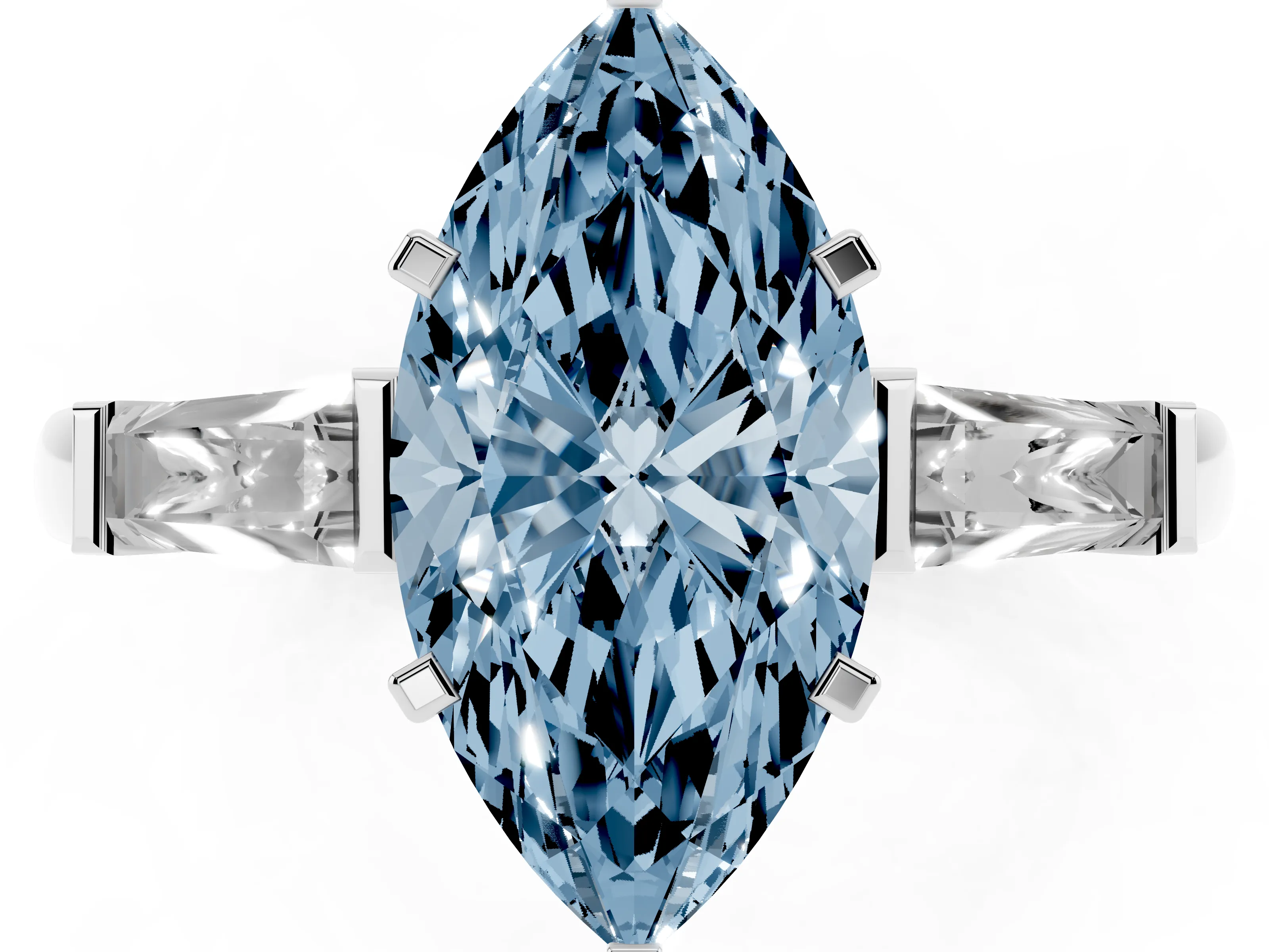 Fancy Blue Marquise Cut Diamond Solitaire Ring Set in Silver with Tapered Baguette Side Stones and Prong Setting