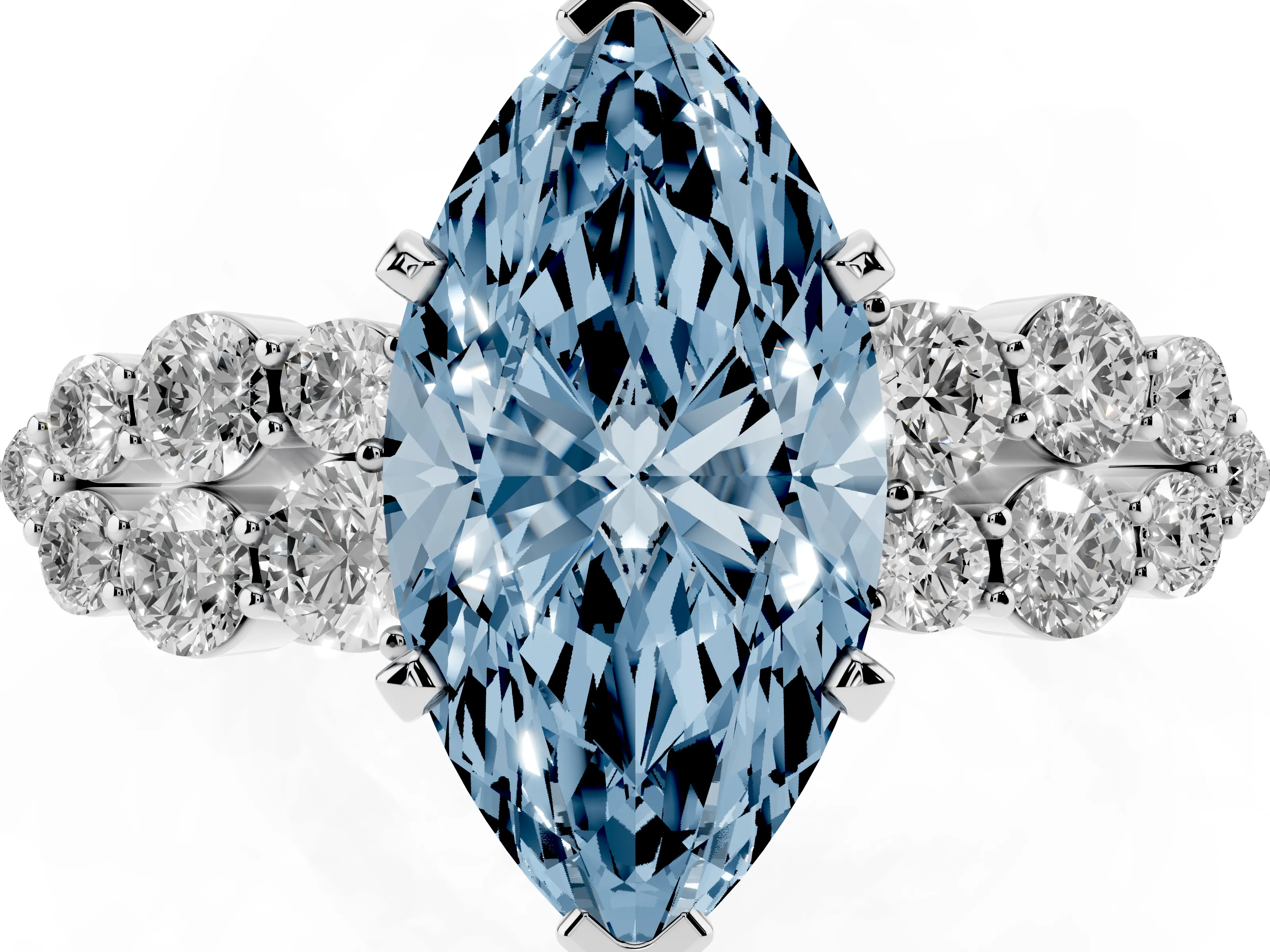 Fancy Blue Marquise Cut Diamond Cluster Engagement Ring Set in Silver with Pavé Band and Prong Setting