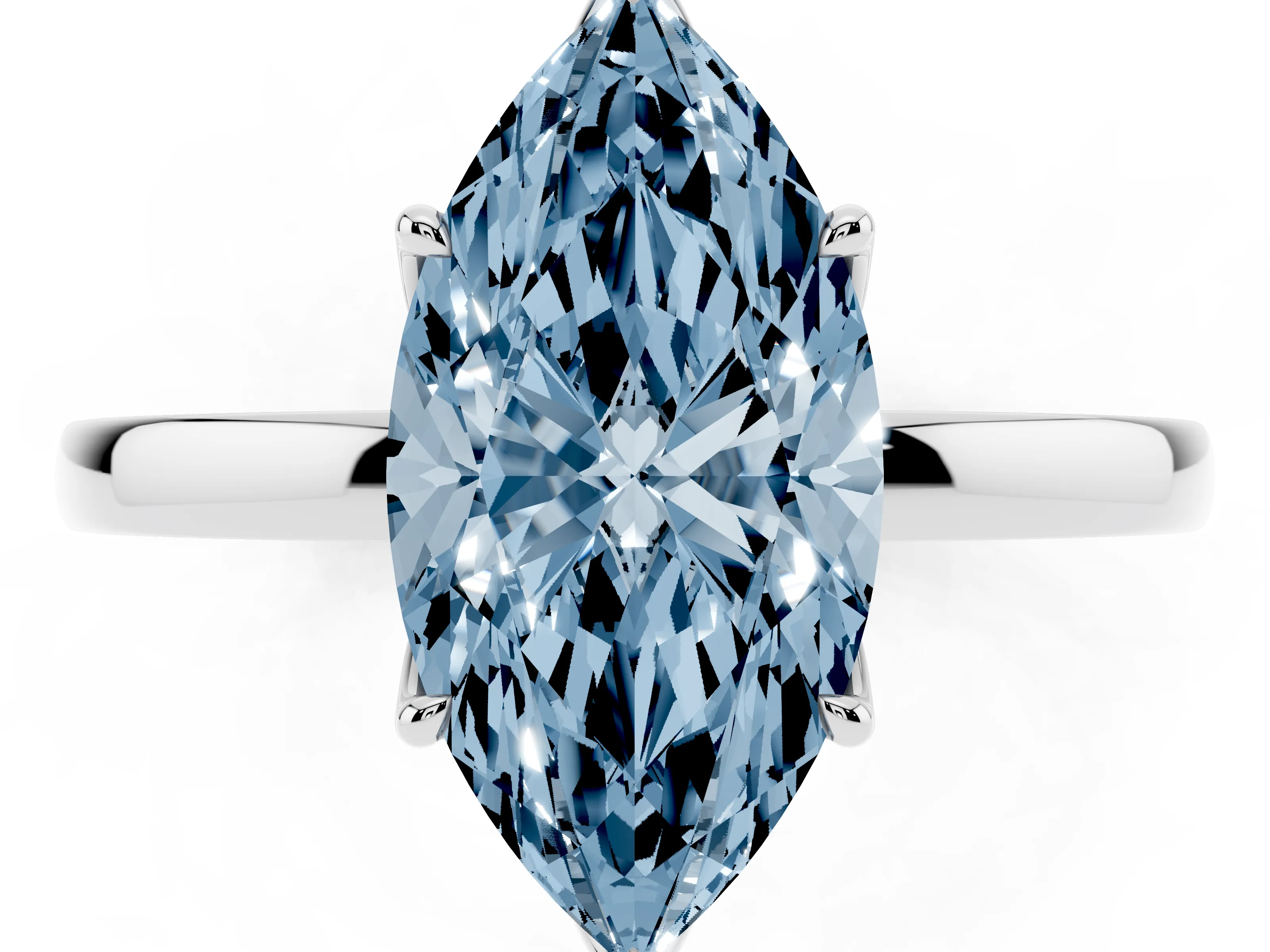 Fancy Blue Marquise Cut Diamond Solitaire Ring Set in White gold with Prong Setting and Thin Polished Band