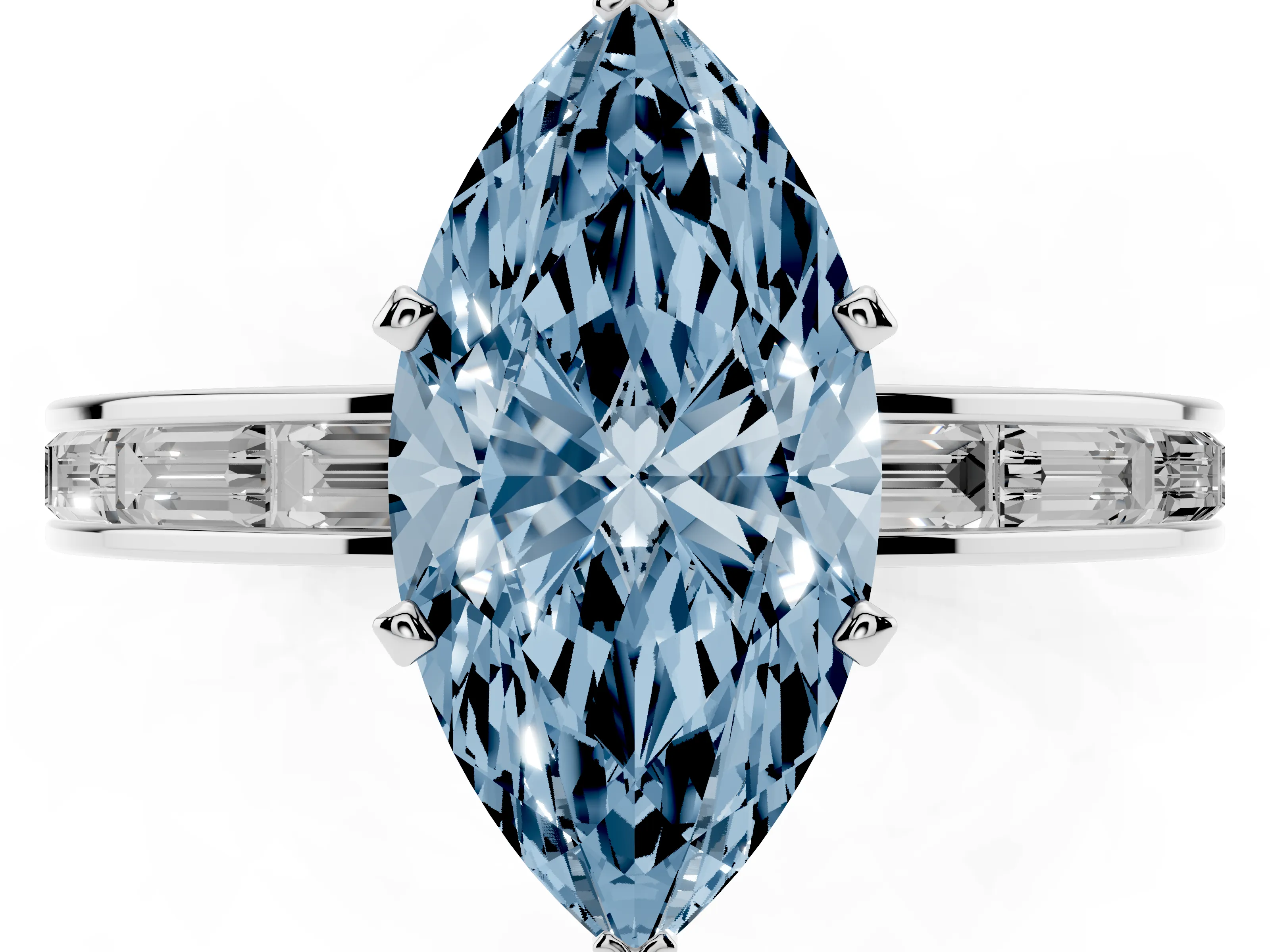 Fancy Blue Marquise Cut Diamond Solitaire Ring Set in White gold with Channel-Set Baguette Band and Prong Setting