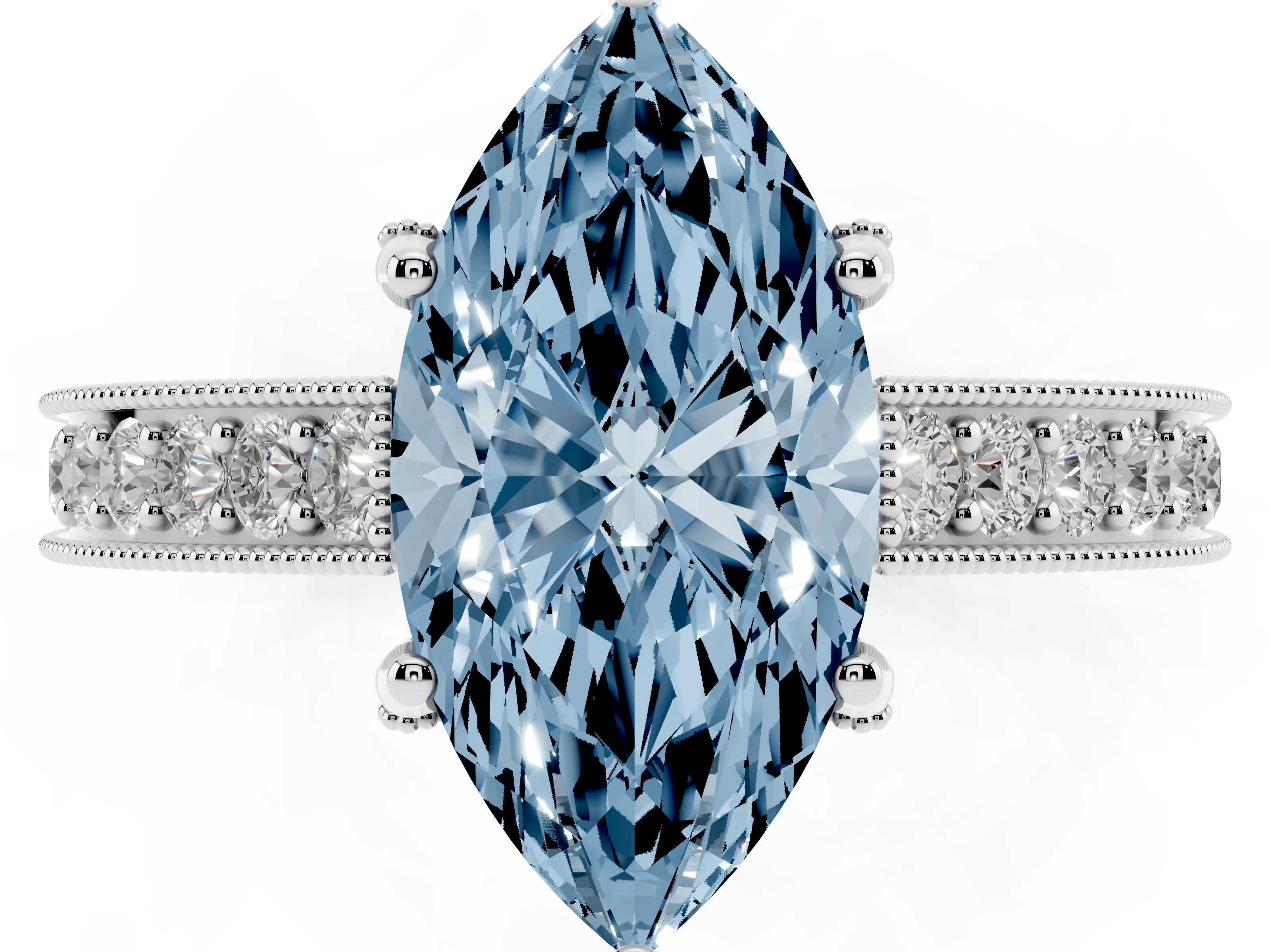 Fancy Blue Marquise Cut Diamond Solitaire Ring Set in Silver with Milgrain-Edged Pavé Band and Prong Setting