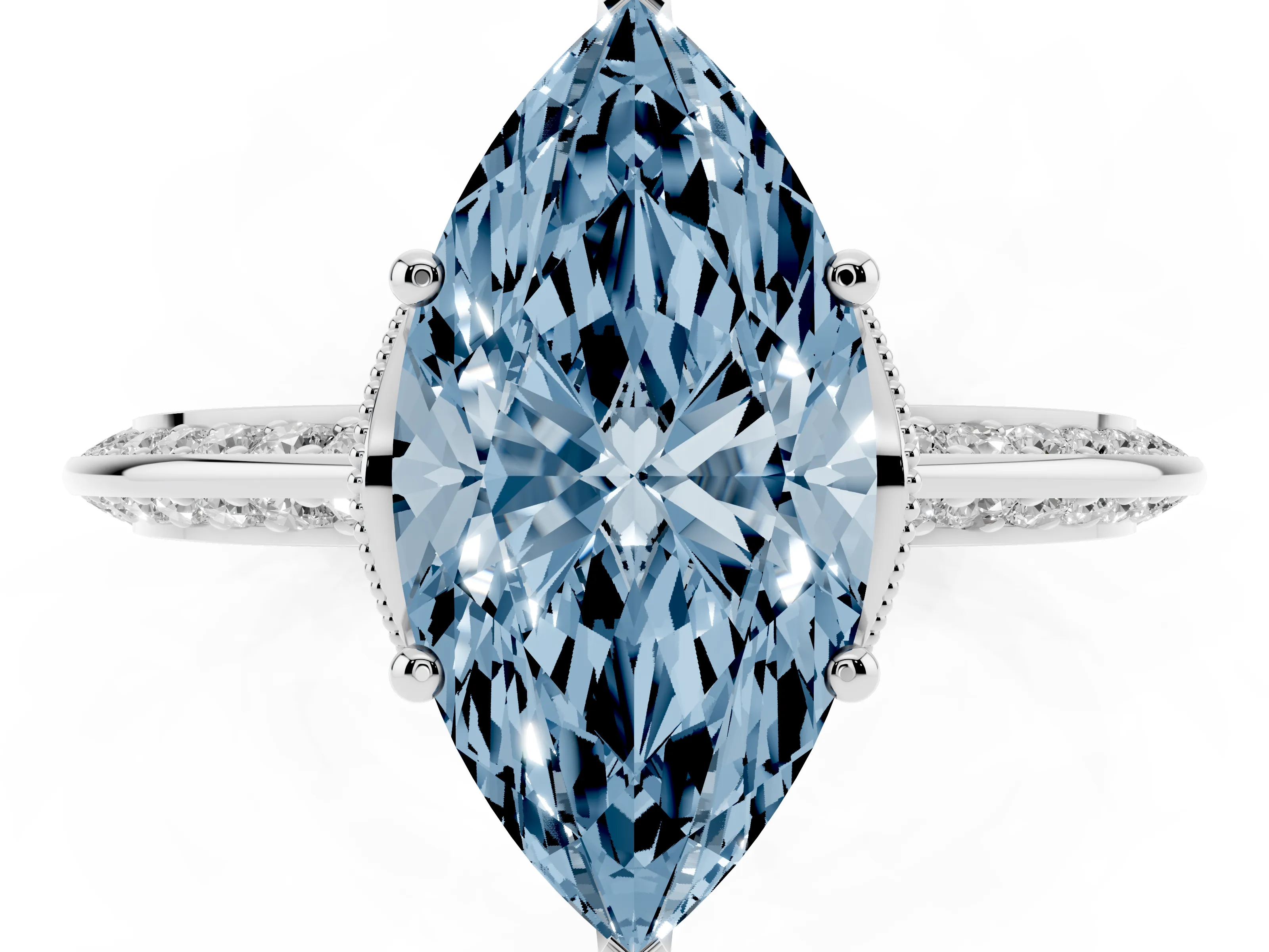 Fancy Blue Marquise Cut Diamond Solitaire Engagement Ring Set in Platinum with Pavé Split Shank and Prong Setting