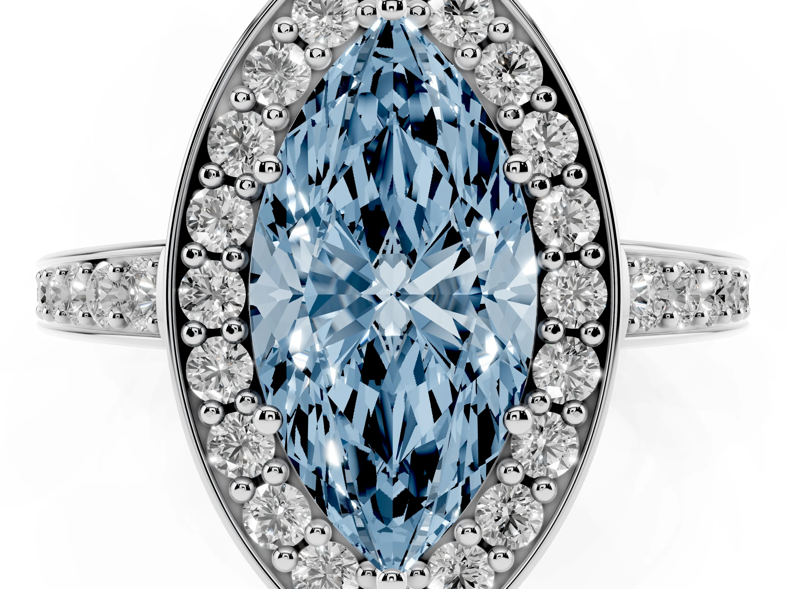 Fancy Blue Marquise Cut Diamond Halo Pavé Engagement Ring Set in Platinum with Bezel Setting