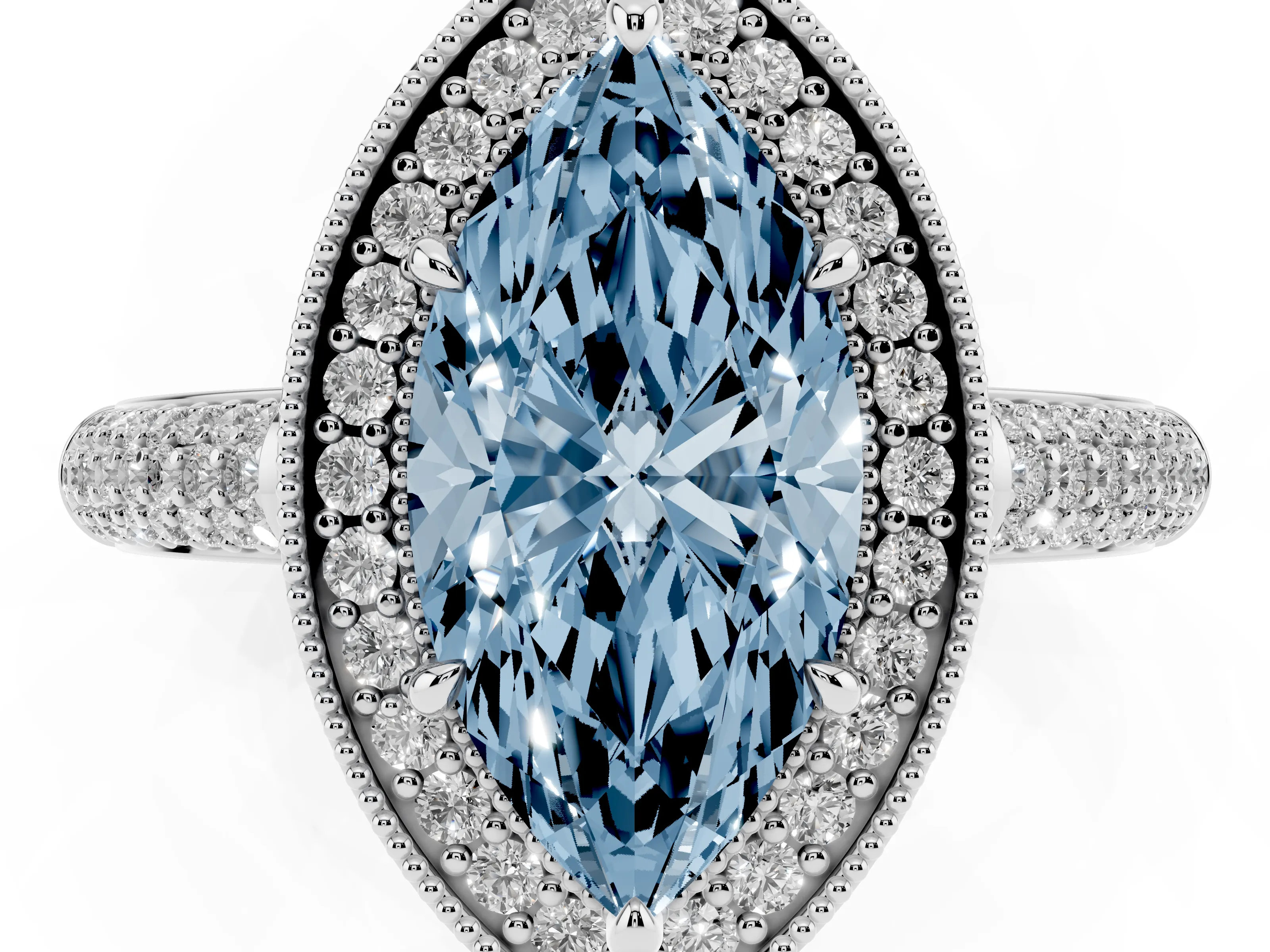 Fancy Blue Marquise Cut Diamond Halo Pavé Band Set in Silver with Prong Setting
