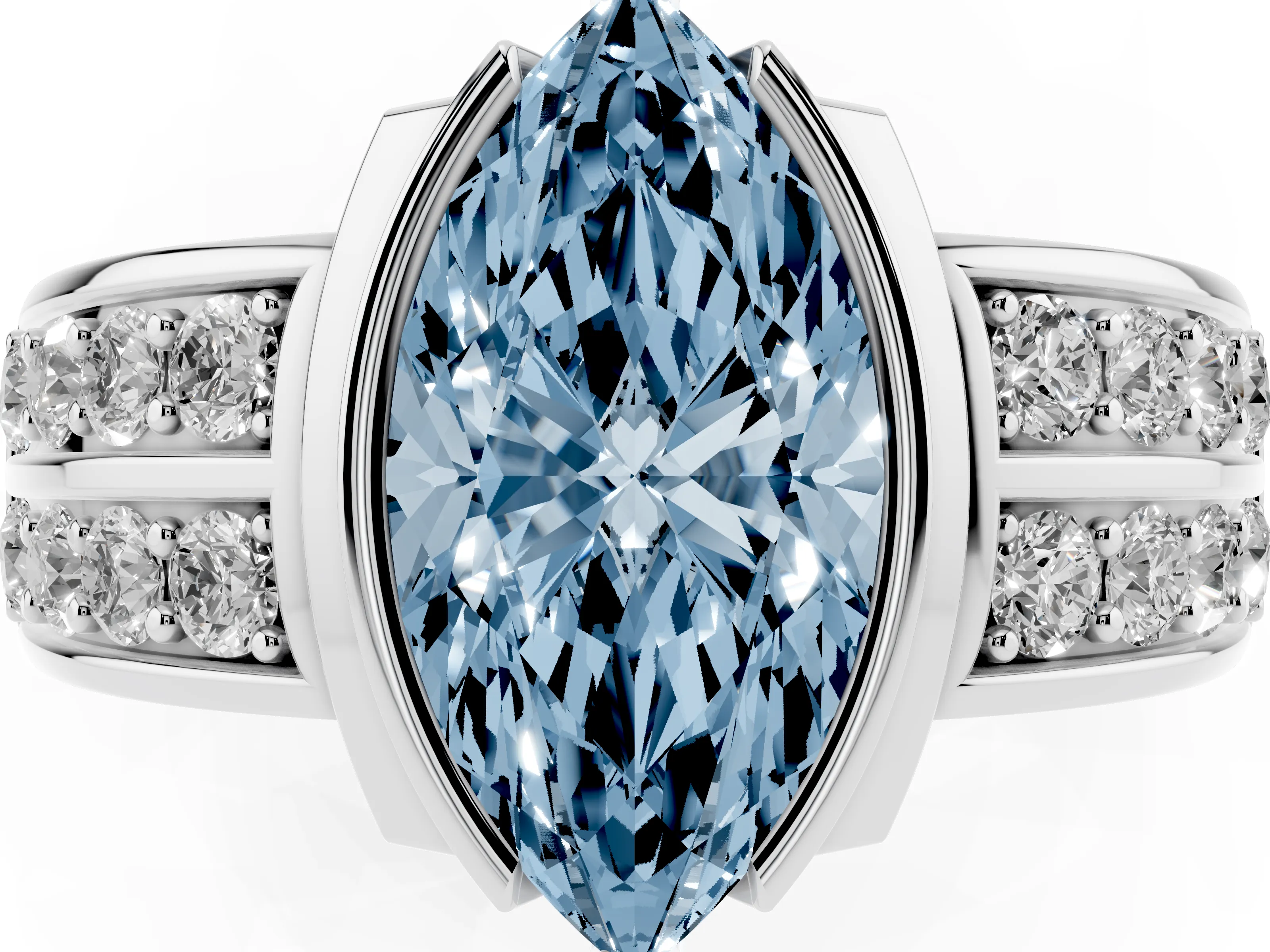 Fancy Blue Marquise Cut Diamond Wide Channel Set Band Ring Set in White gold with Bezel Setting