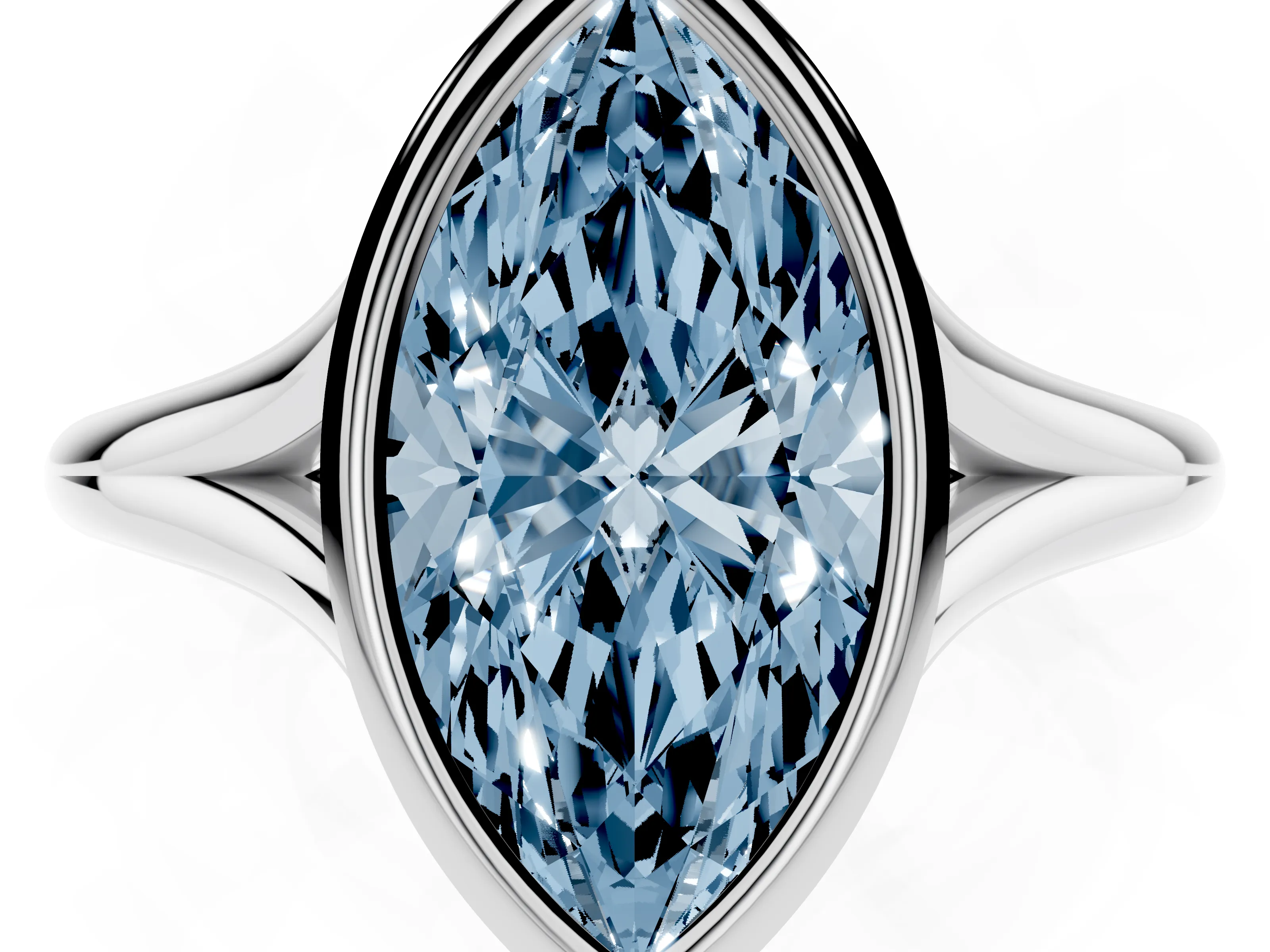 Fancy Blue Bezel Set Marquise Cut Diamond Solitaire Ring Set in White gold with Tapered Band