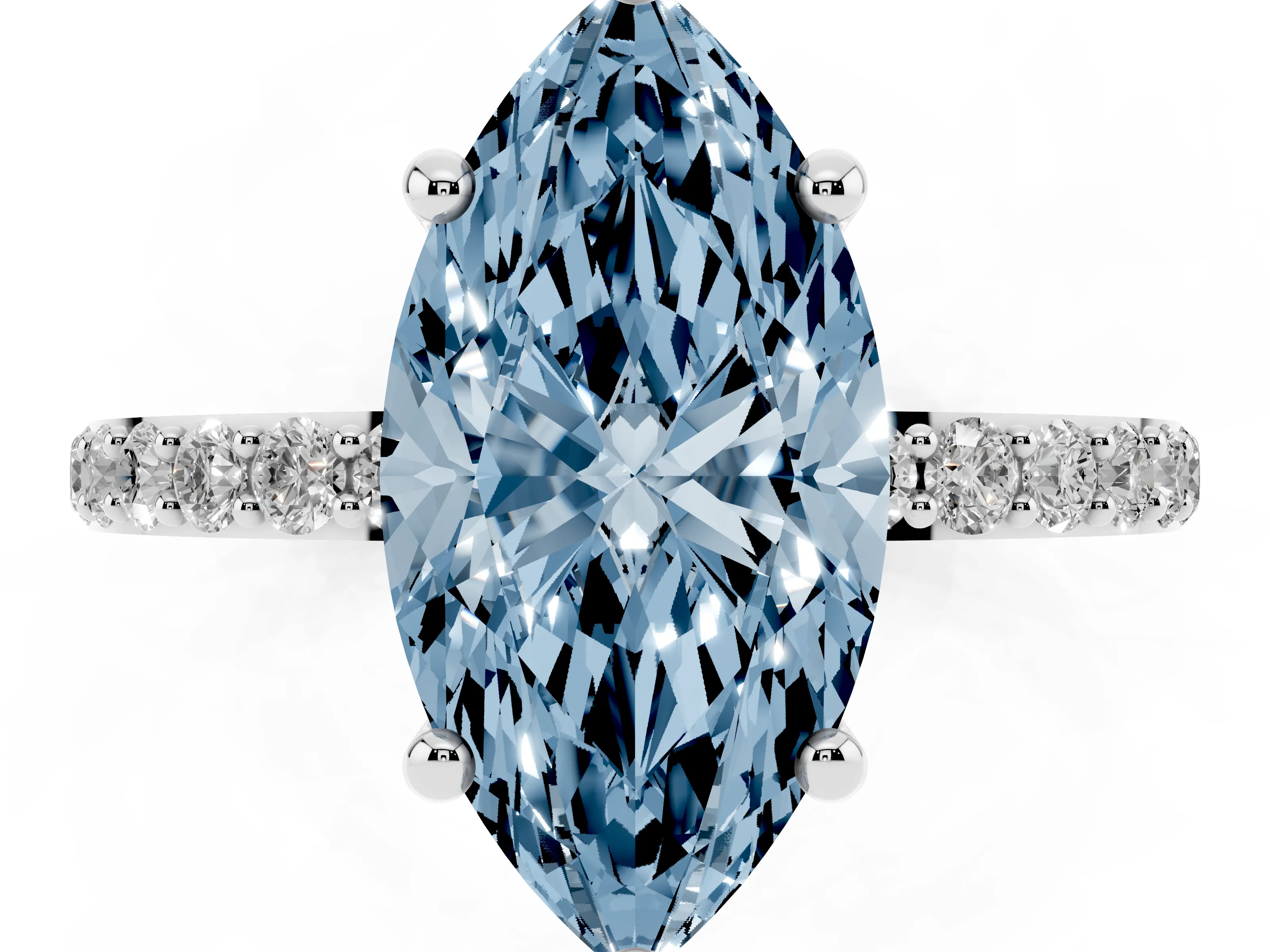 Fancy Blue Marquise Cut Diamond Solitaire Ring Set in Platinum with Round Pavé Band and Prong Setting