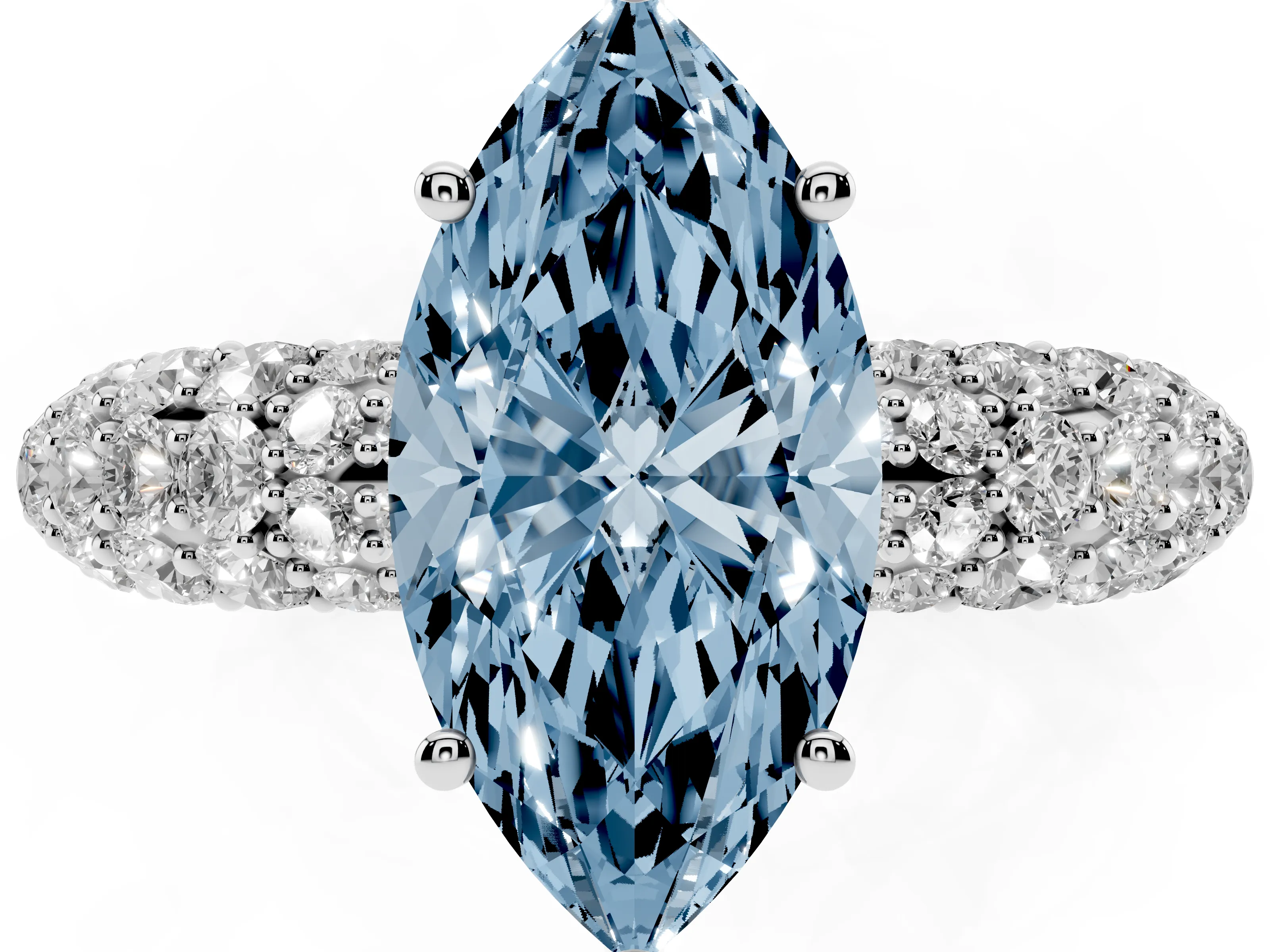 Fancy Blue Marquise Cut Diamond Pavé Band Solitaire Ring Set in White gold with Close-Set Accent Stones and Prong Setting