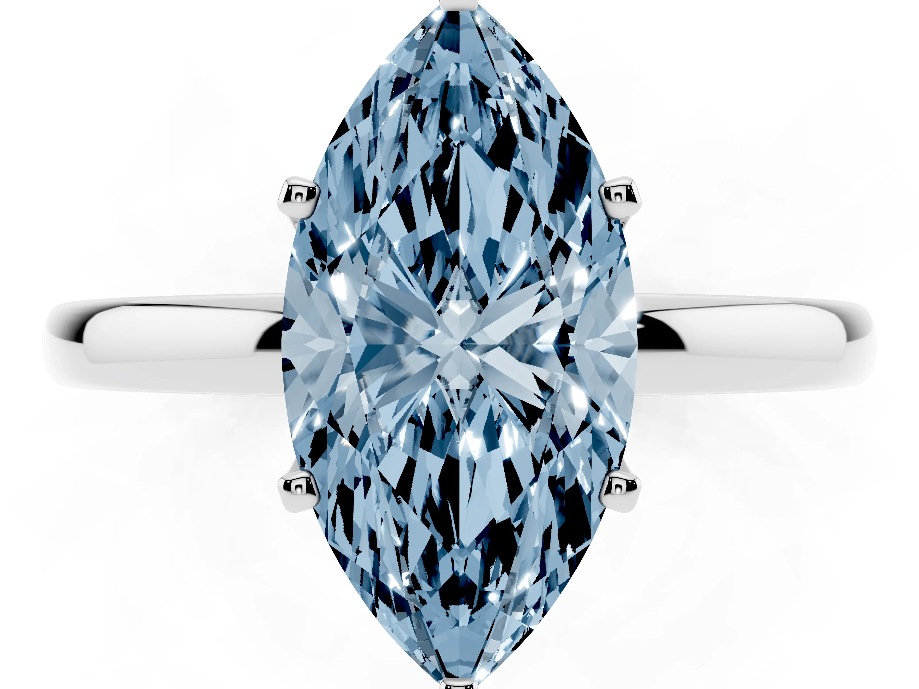Fancy Blue Marquise Cut Diamond Solitaire Ring Set in White gold with Raised Prong Setting on a Classic Band
