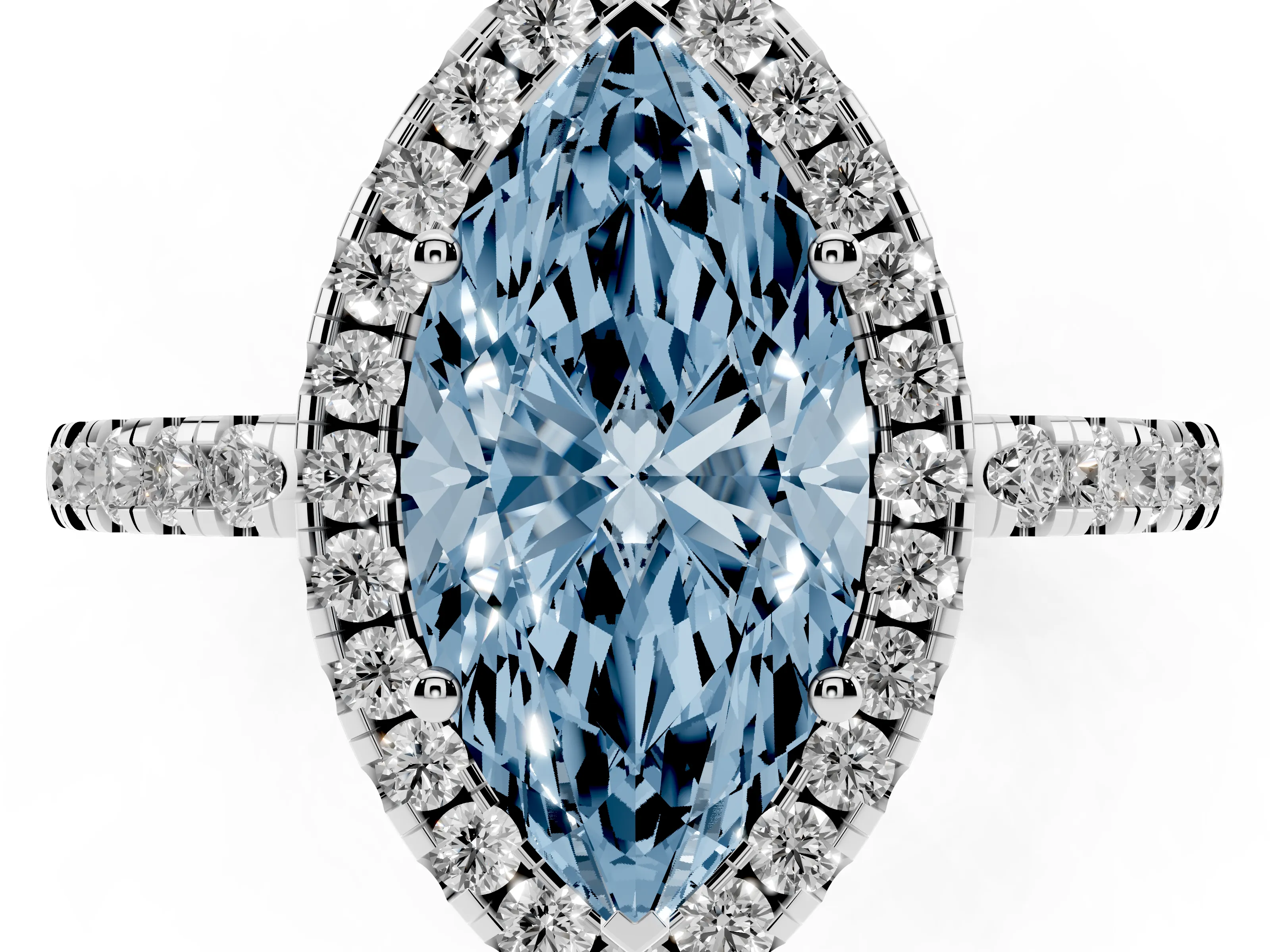 Fancy Blue Marquise Cut Diamond Pavé Band Halo Engagement Ring Set in Platinum with Prong Setting