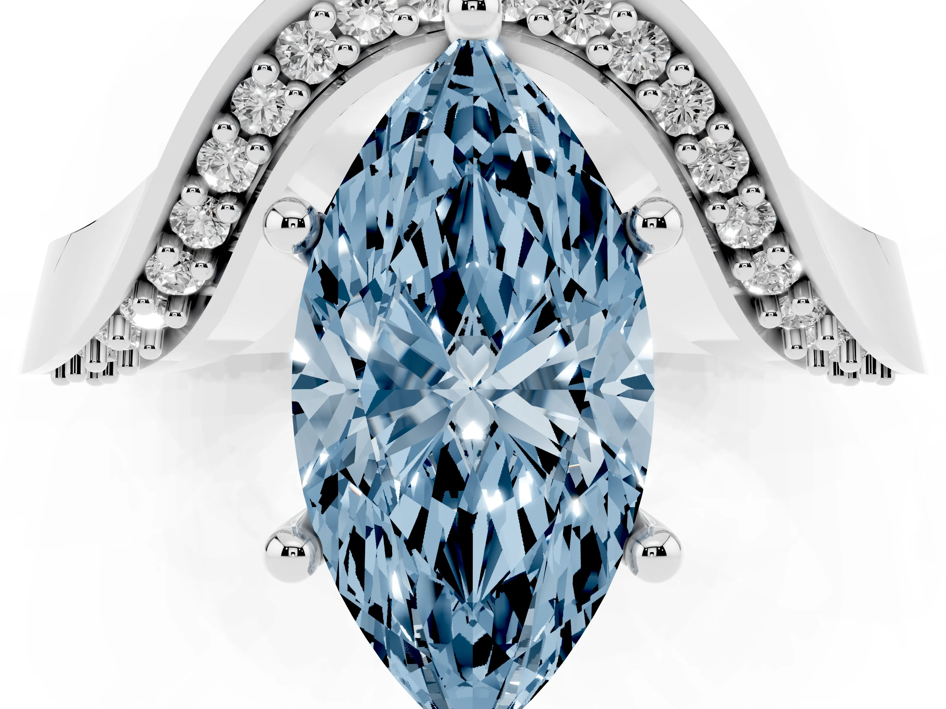 Fancy Blue Marquise Cut Diamond Solitaire Engagement Ring Set in Silver with Pavé Shoulders