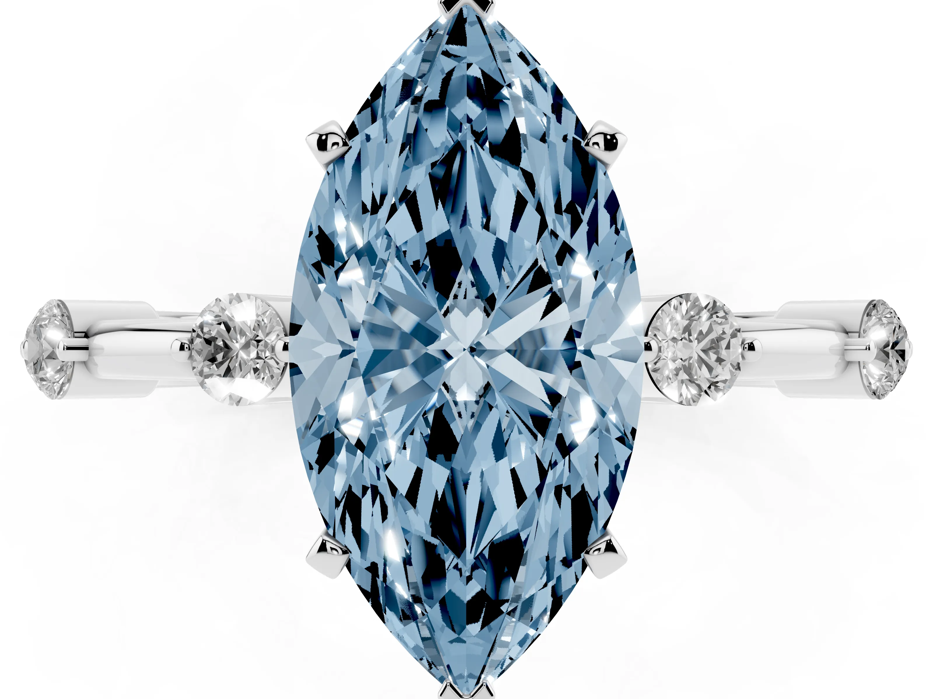 Fancy Blue Marquise Cut Diamond Solitaire Ring Set in White gold with Bezel Set Side Stones and Prong Setting