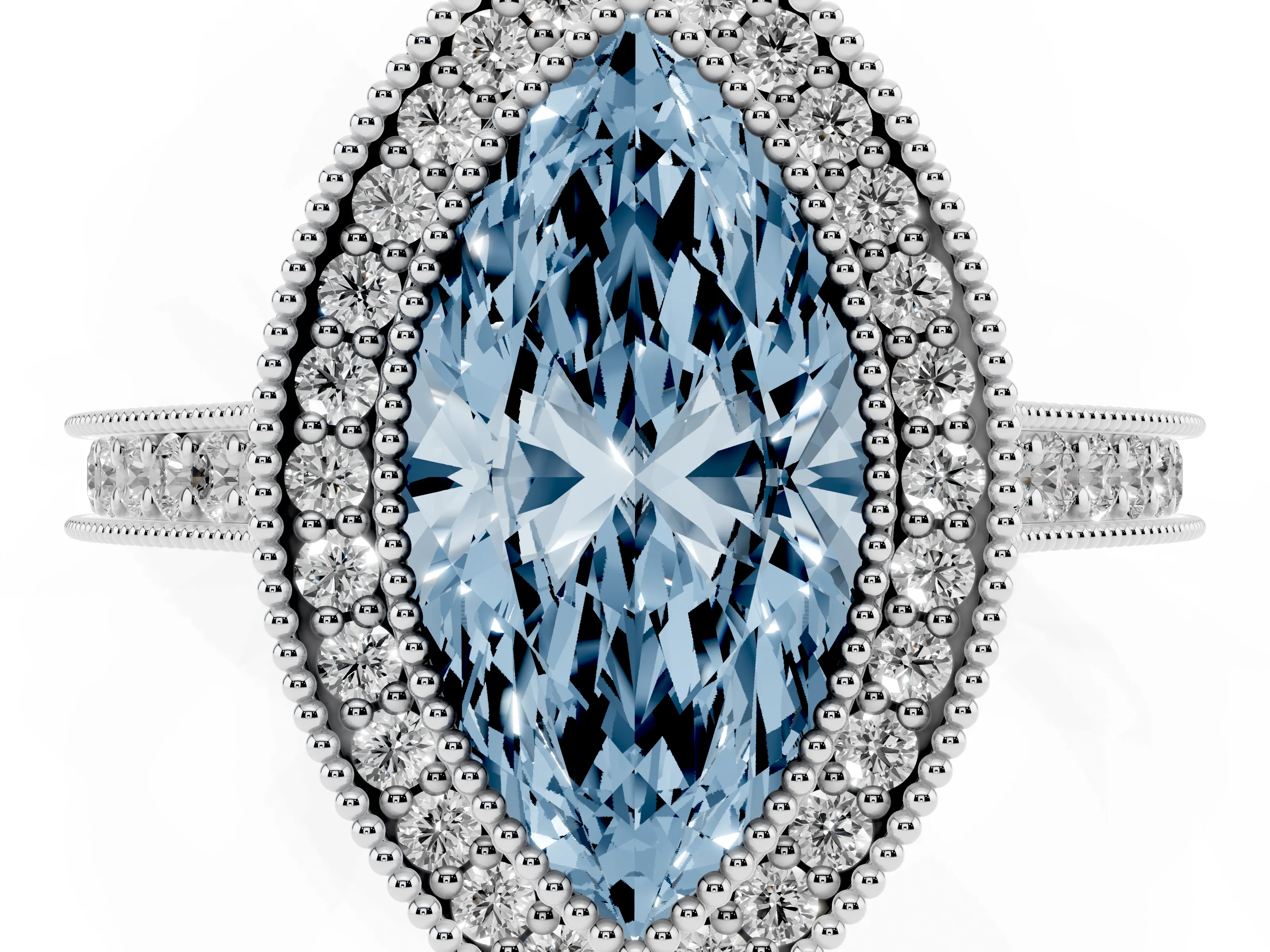 Fancy Blue Marquise Cut Diamond Halo Milgrain Pavé Band Ring Set in White gold with Prong Setting