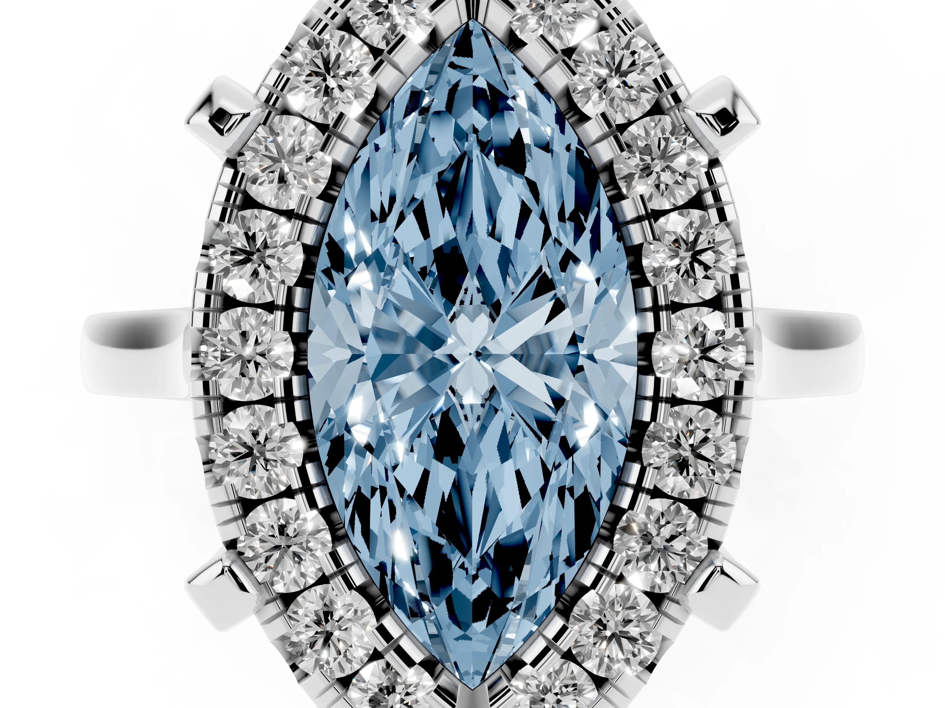 Fancy Blue Marquise Cut Diamond Cluster Halo Solitaire Ring Set in Silver with Prong Setting