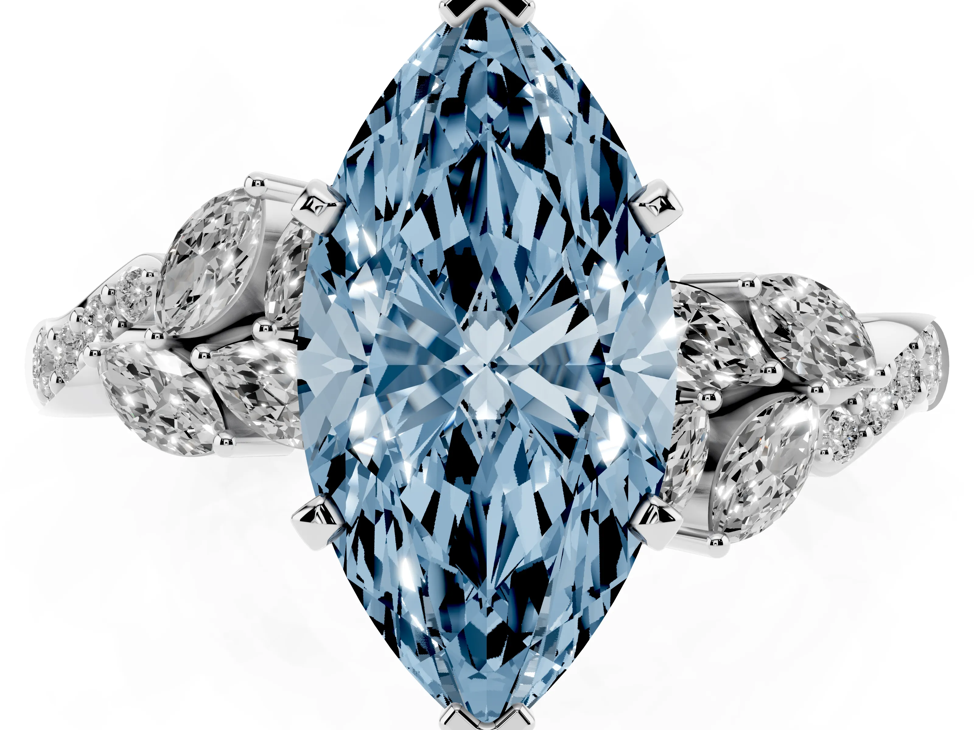Fancy Blue Marquise Cut Diamond Solitaire Ring Set in White gold with Marquise Twist Band and Prong Setting