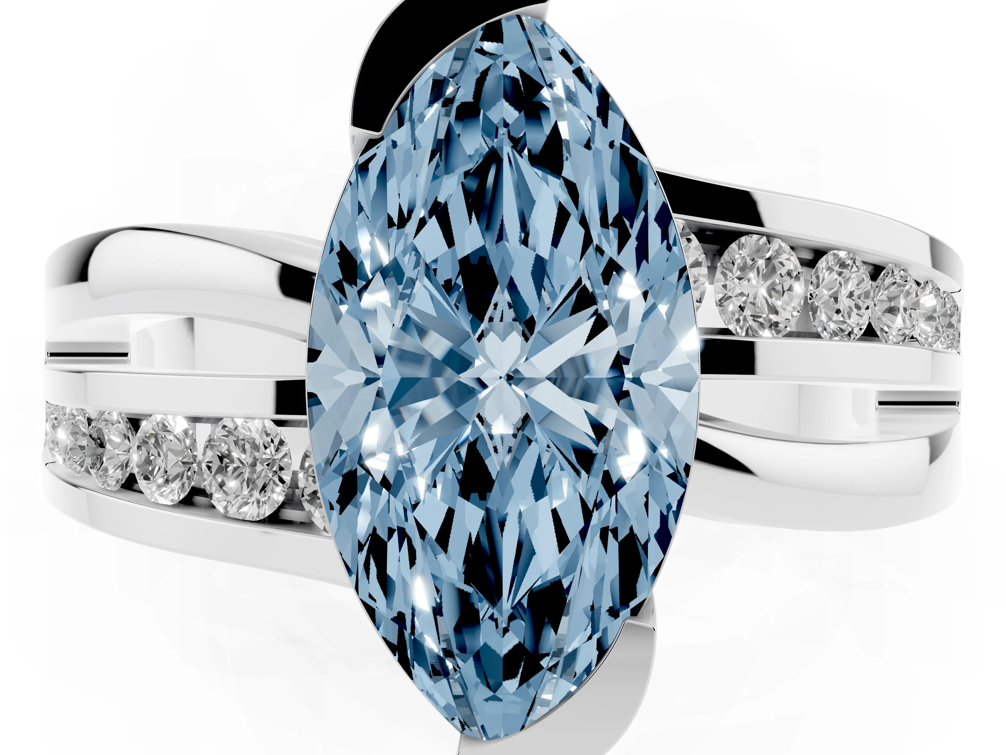 Fancy Blue Marquise Cut Diamond Solitaire Ring Set in Platinum with Channel Set Split Shank and Tension Prongs