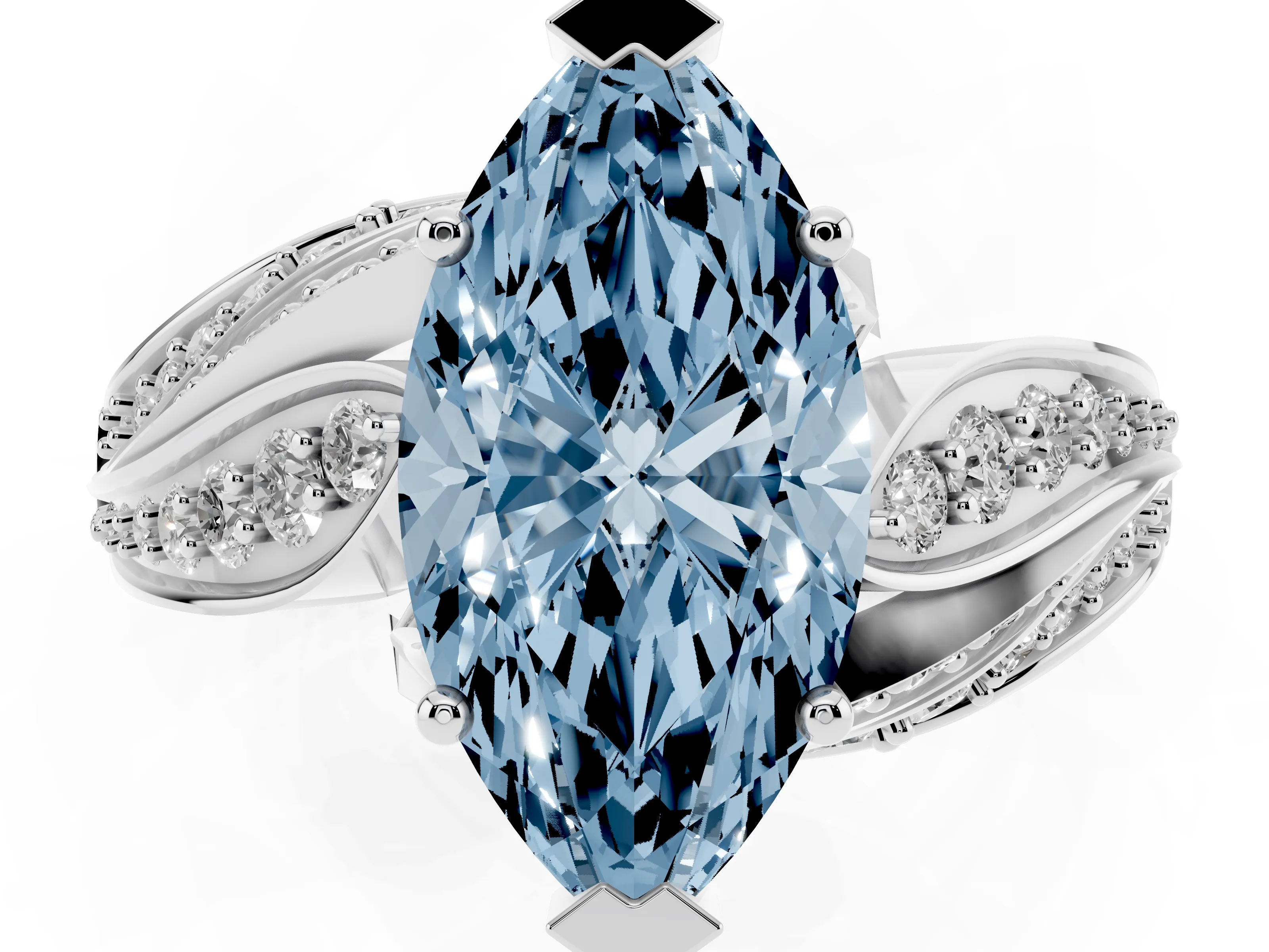 Fancy Blue Marquise Cut Diamond Solitaire Ring Set in Platinum with Layered Twist Pavé Band