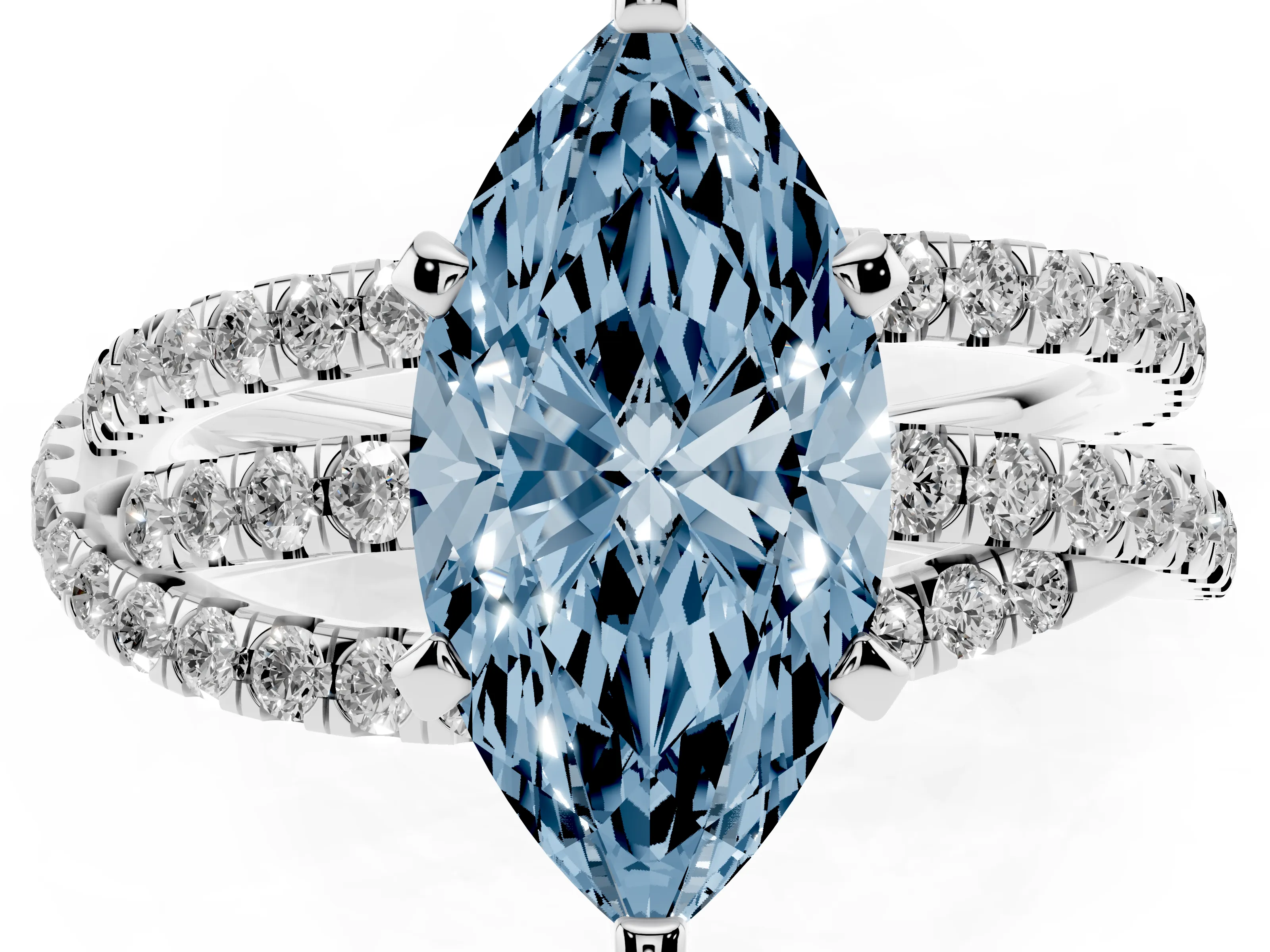 Fancy Blue Marquise Cut Diamond Solitaire Twist Band Ring Set in Silver with Pavé Setting and Prong Head