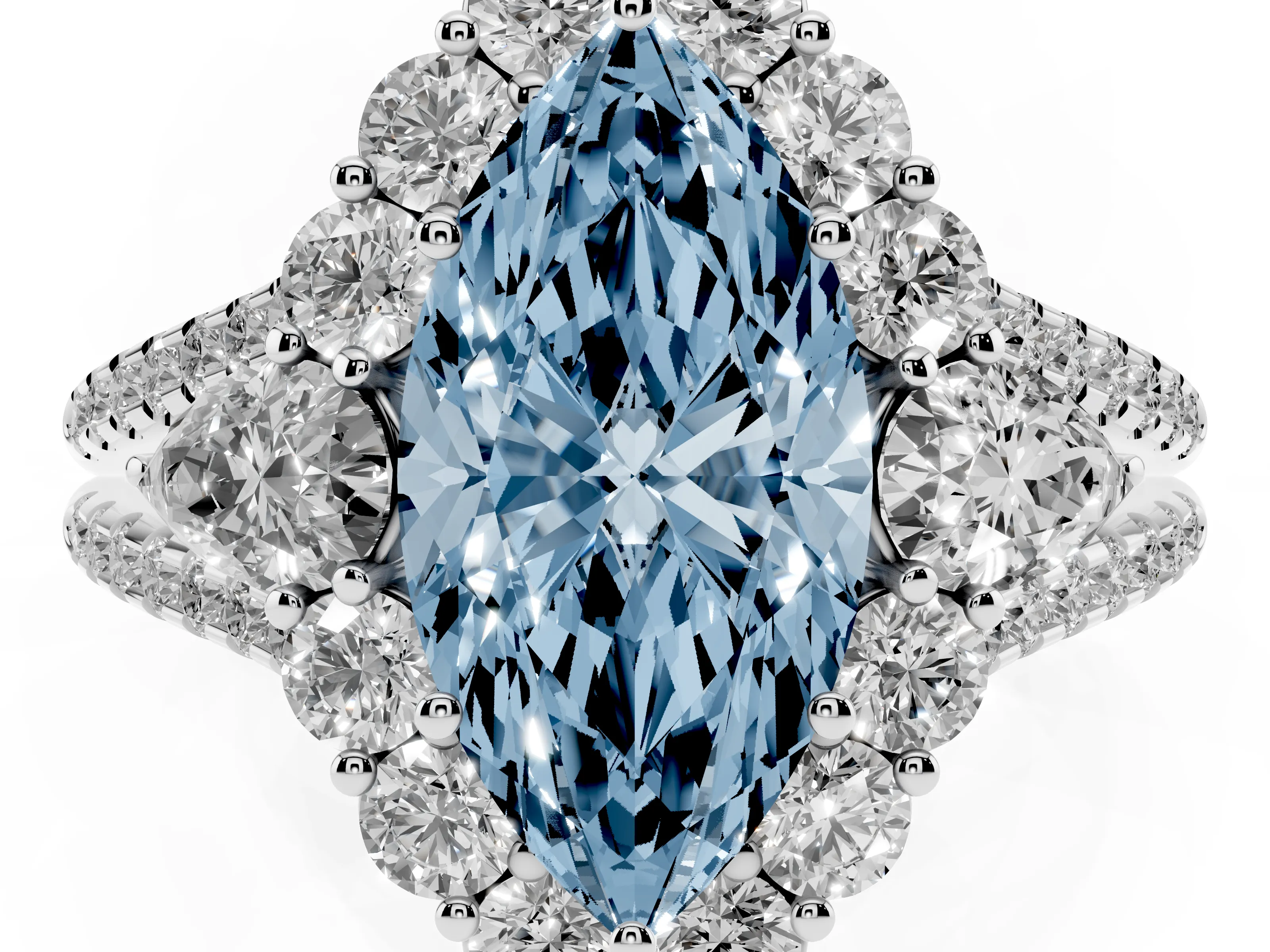 Fancy Blue Marquise Cut Diamond Halo Split Shank Engagement Ring Set in Silver with Prong-Held Center Stone