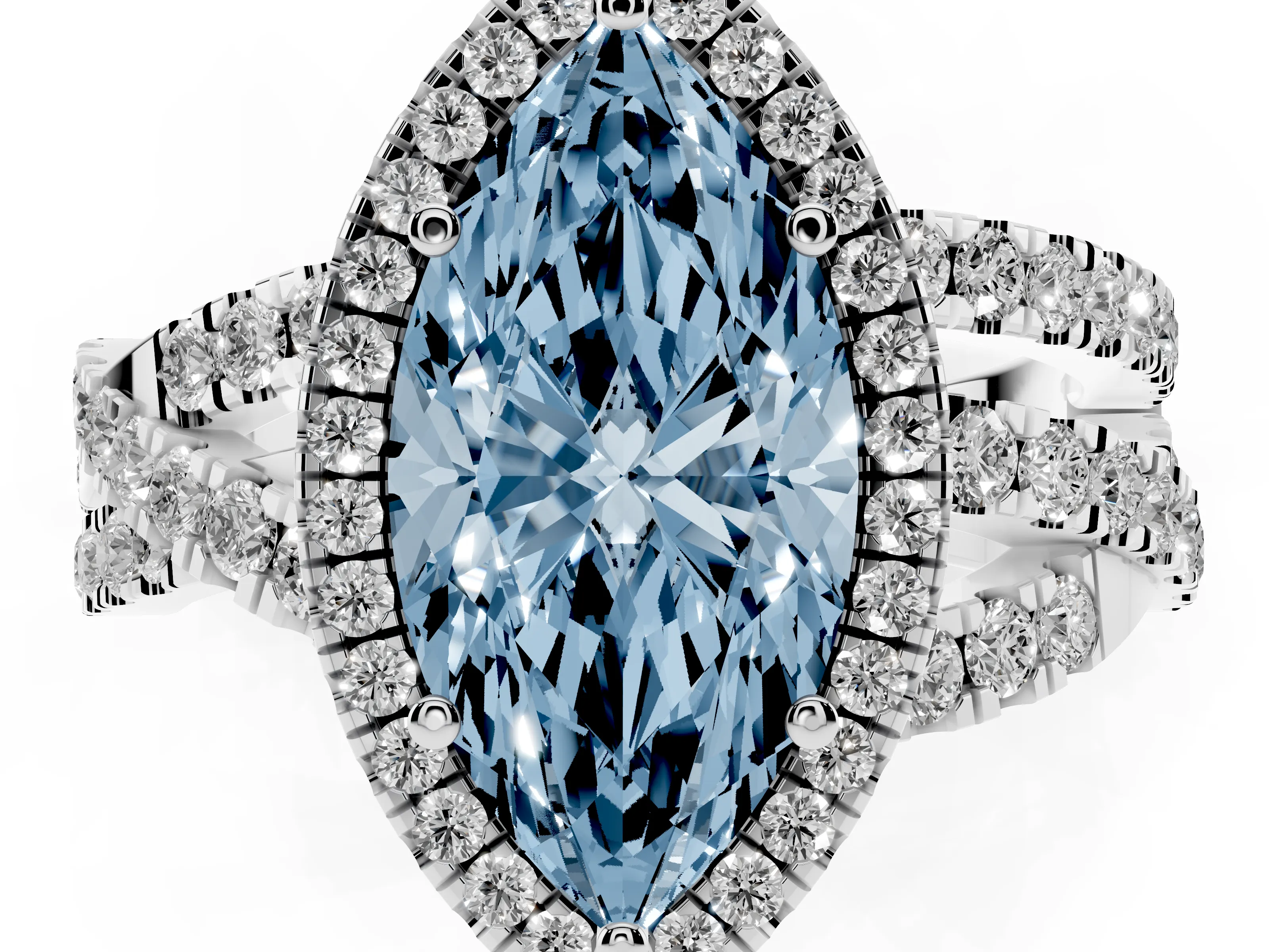 Fancy Blue Marquise Cut Diamond Halo Ring Set in White gold with Round Crossover Split Shank and Prong Setting