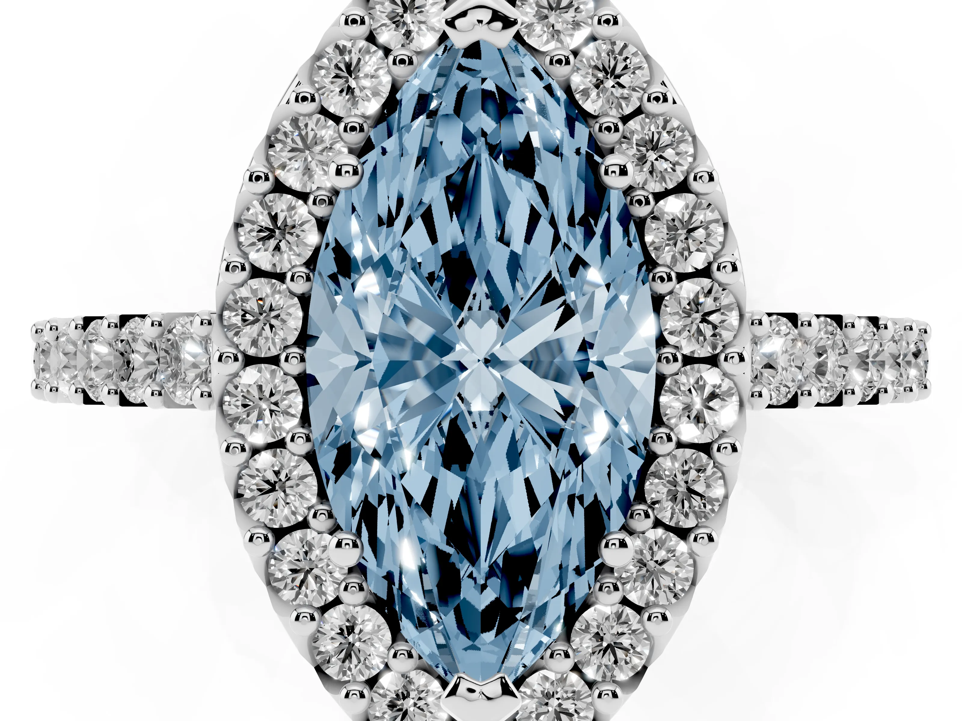 Fancy Blue Marquise Cut Diamond Halo Pavé Solitaire Ring Set in Platinum with Prong-Set Center Stone