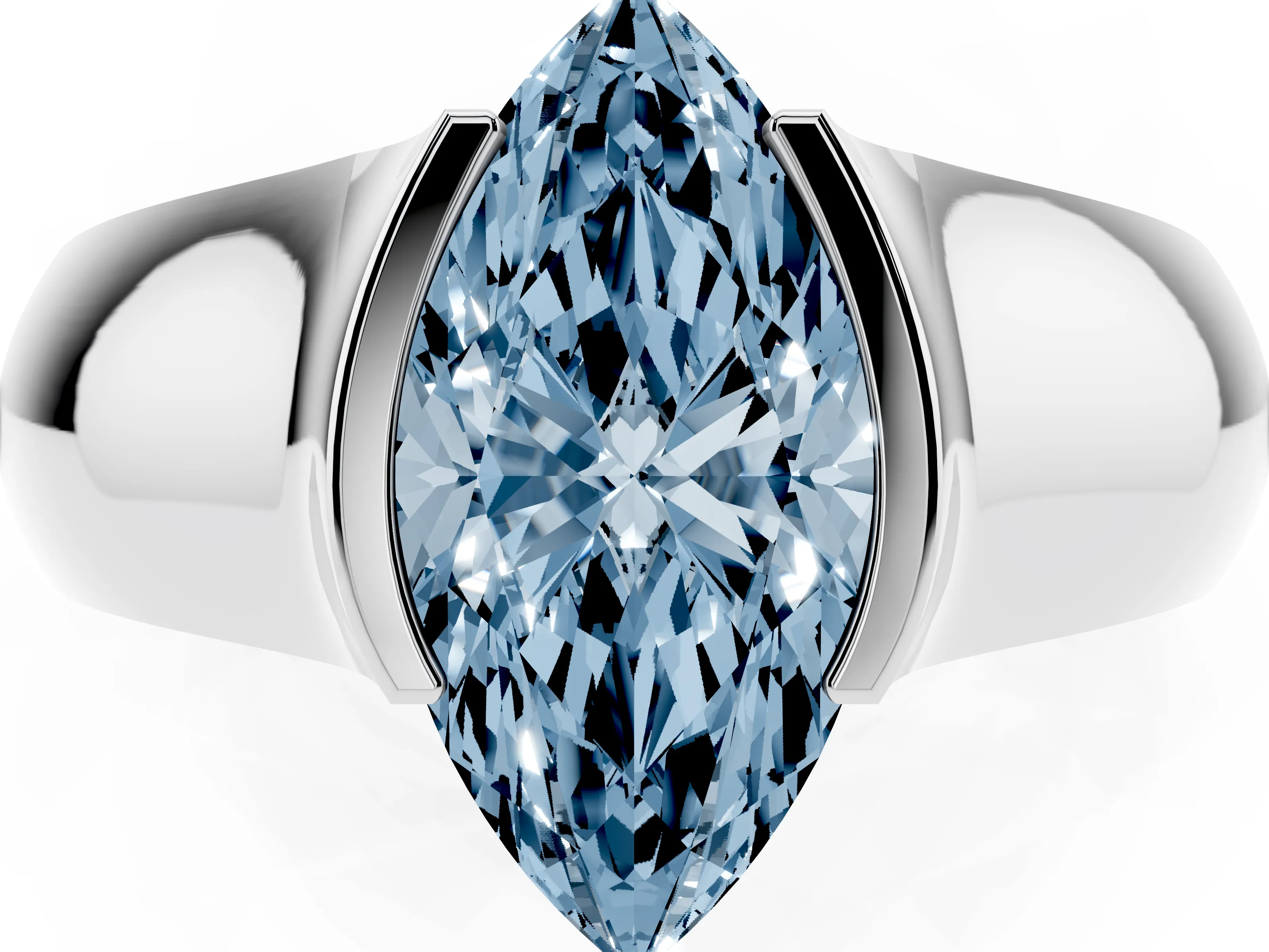 Fancy Blue Marquise Cut Diamond Bezel Solitaire Ring Set in White gold with Wide Band