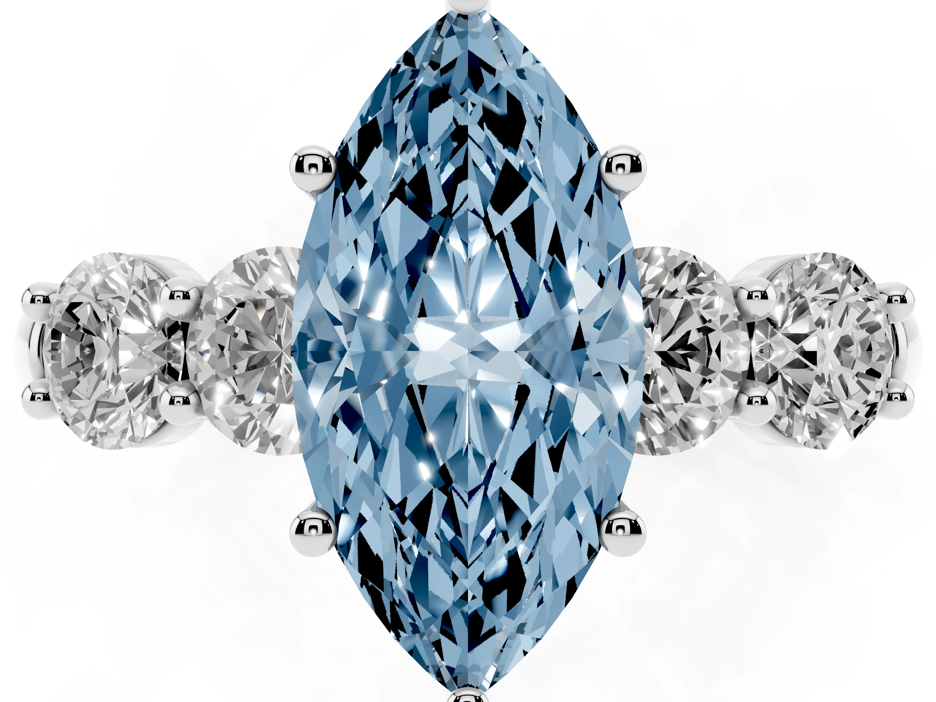 Fancy Blue Marquise Cut Diamond Five-Stone Prong Set Ring Set in White gold with Classic Band