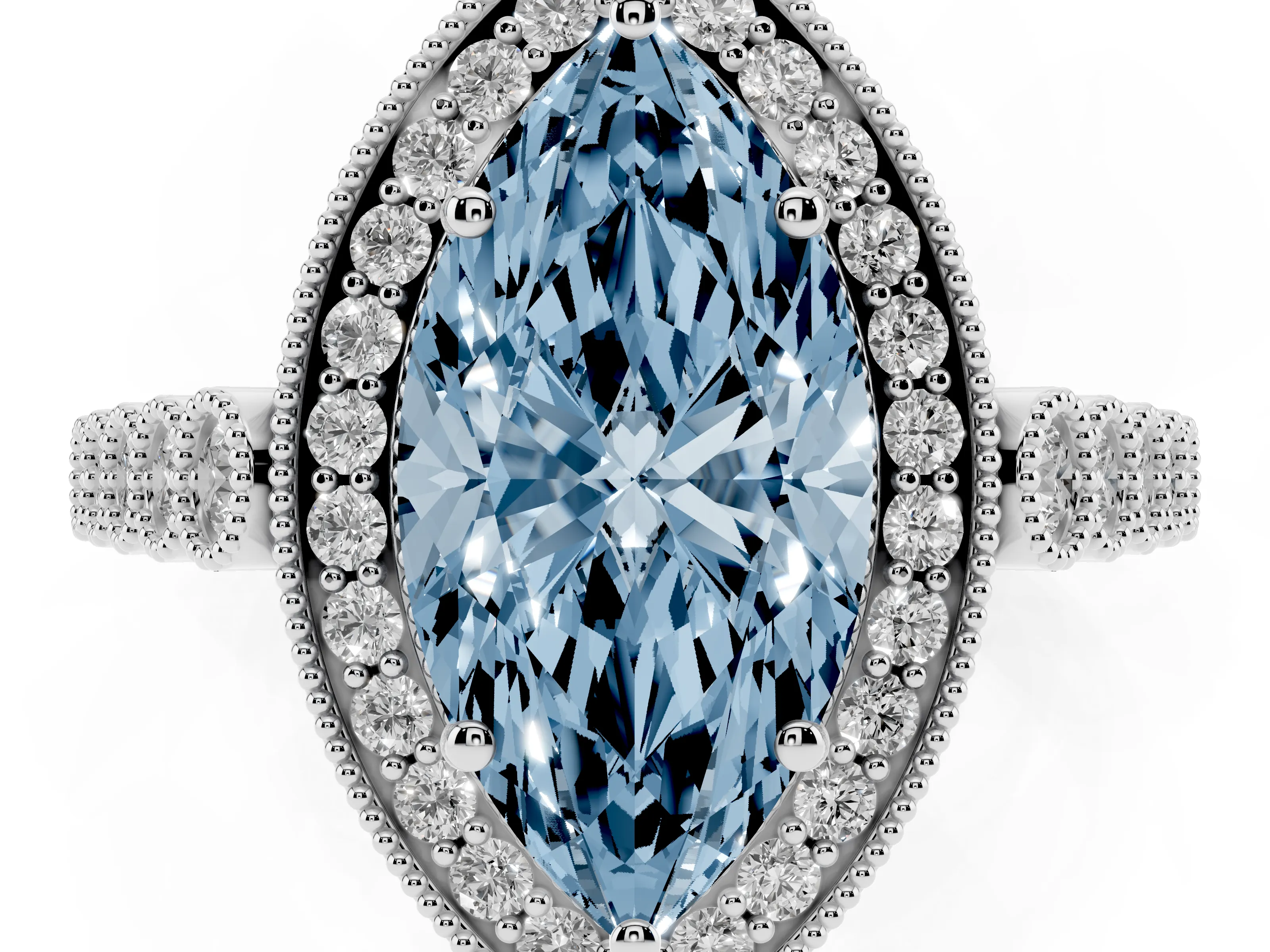Fancy Blue Marquise Cut Diamond Milgrain Halo Solitaire Ring Set in Platinum with Bezel Set Side Stones and Pavé Band