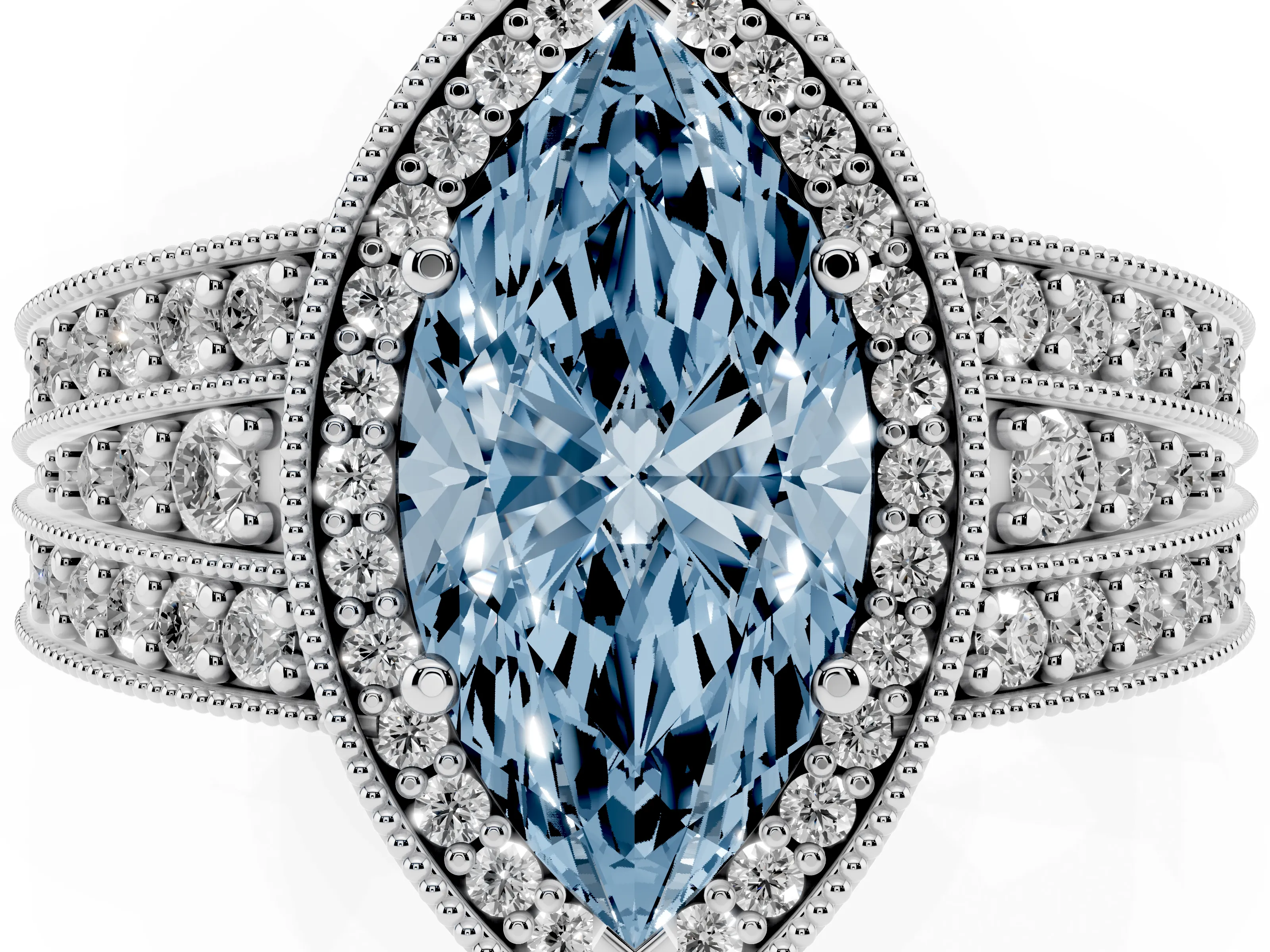 Fancy Blue Marquise Cut Diamond Halo Ring Set in Silver with Accent Split Shank and Prong Setting