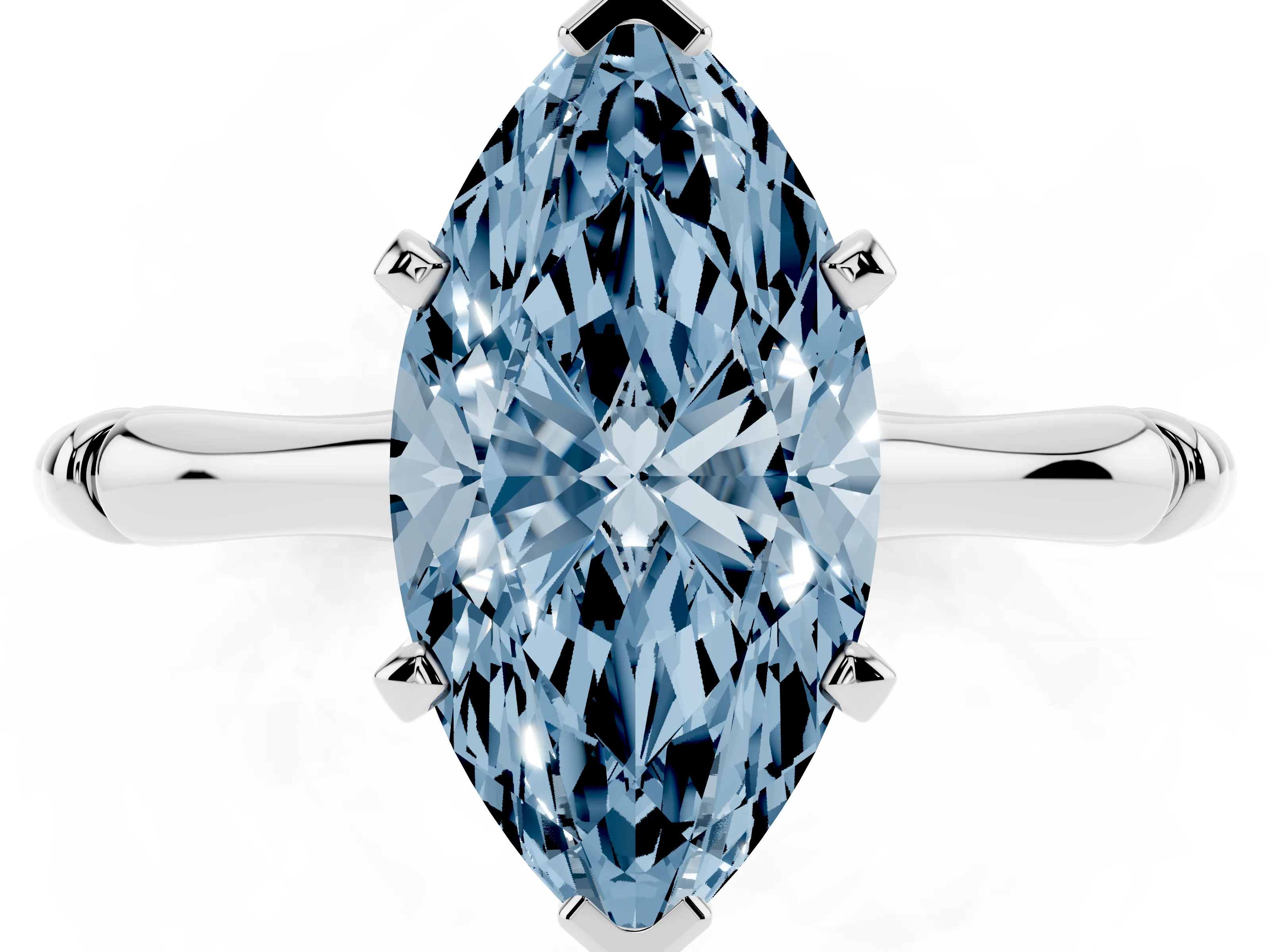 Fancy Blue Marquise Cut Diamond Solitaire Ring Set in Silver with Bamboo Band and Prong Setting