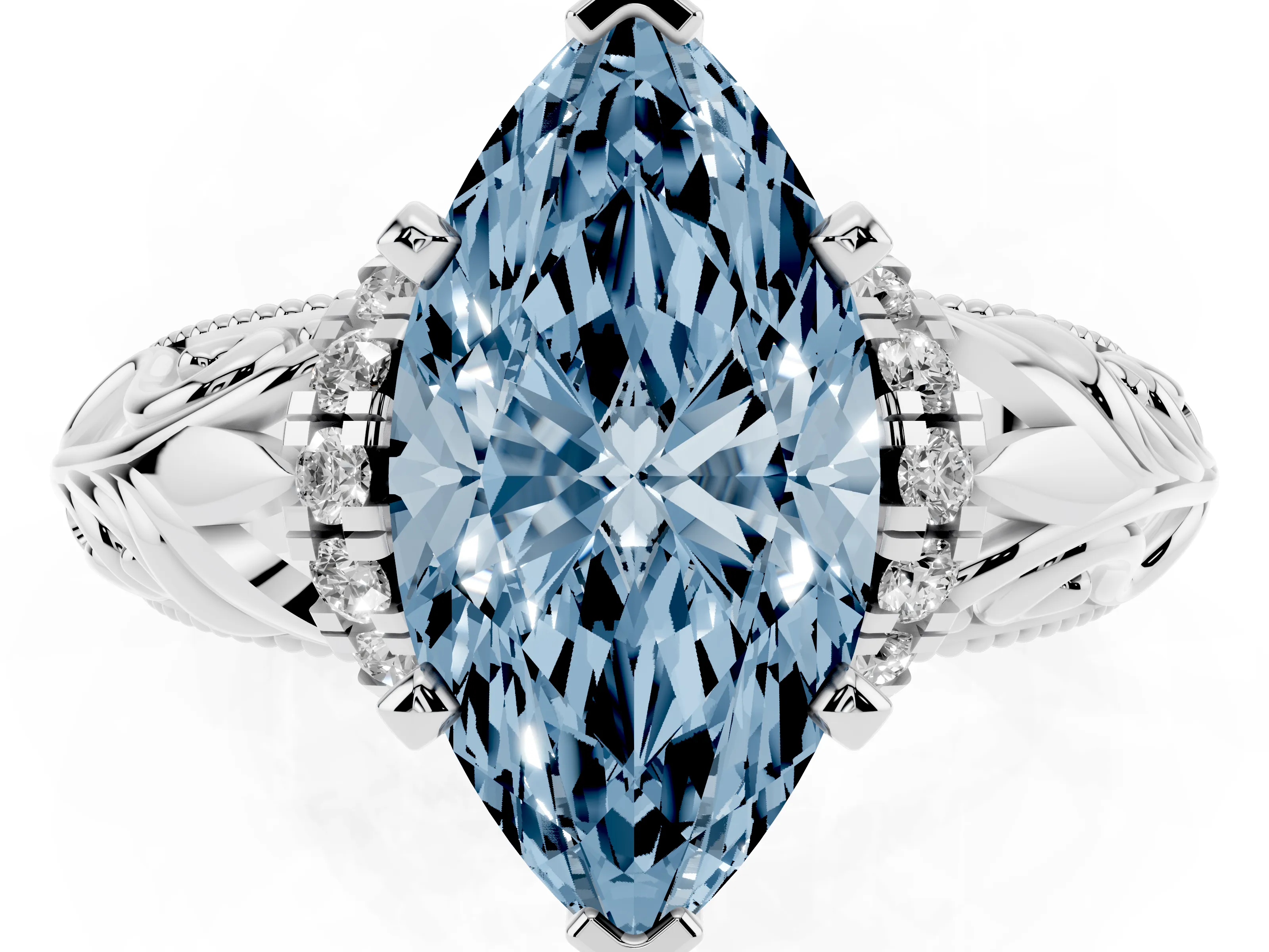 Fancy Blue Marquise Cut Diamond Filigree Halo Engagement Ring Set in White gold with Prong Setting