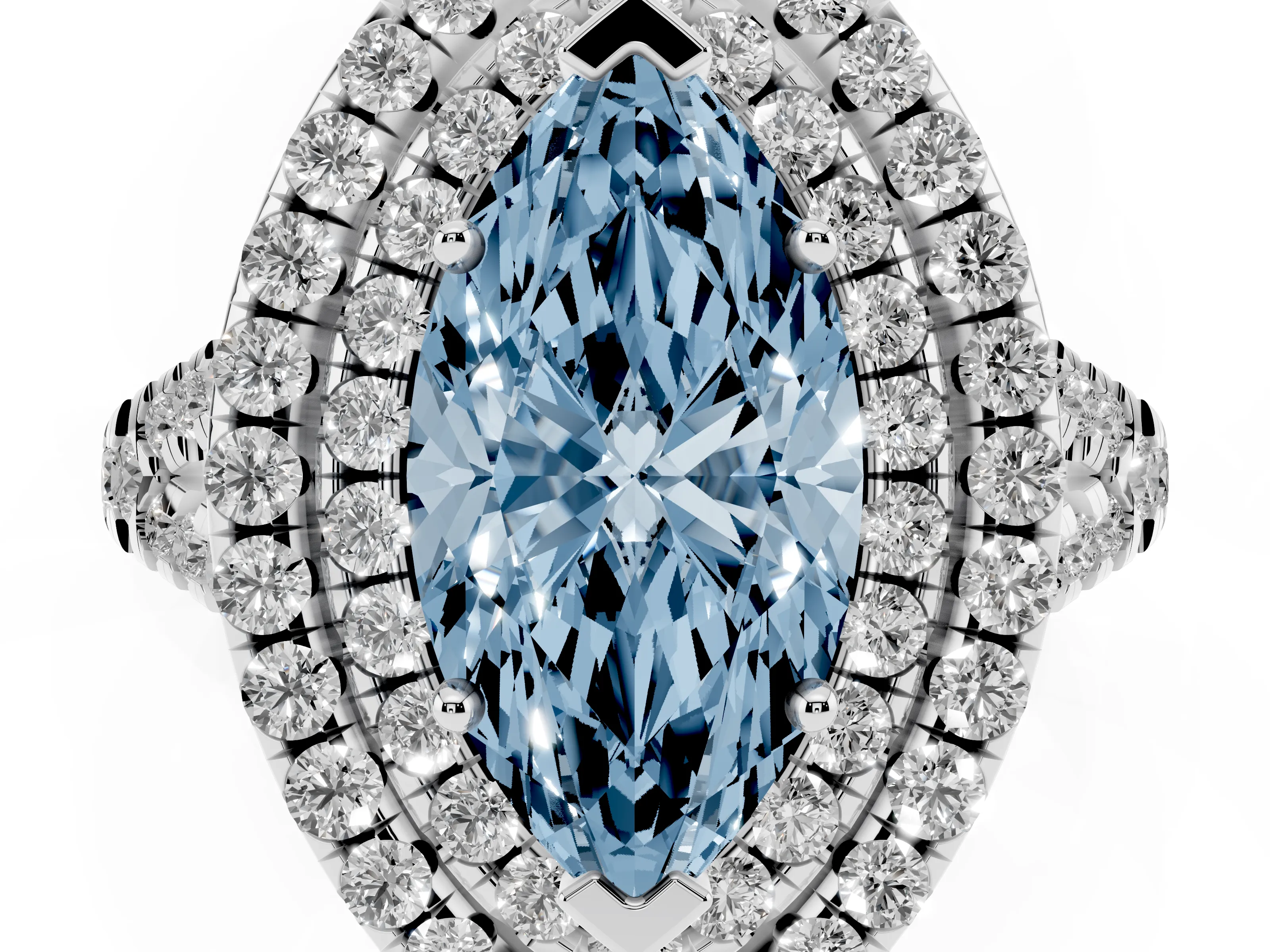 Fancy Blue Marquise Cut Diamond Double Halo Ring Set in Platinum with Pavé Split Shank and Prong Setting