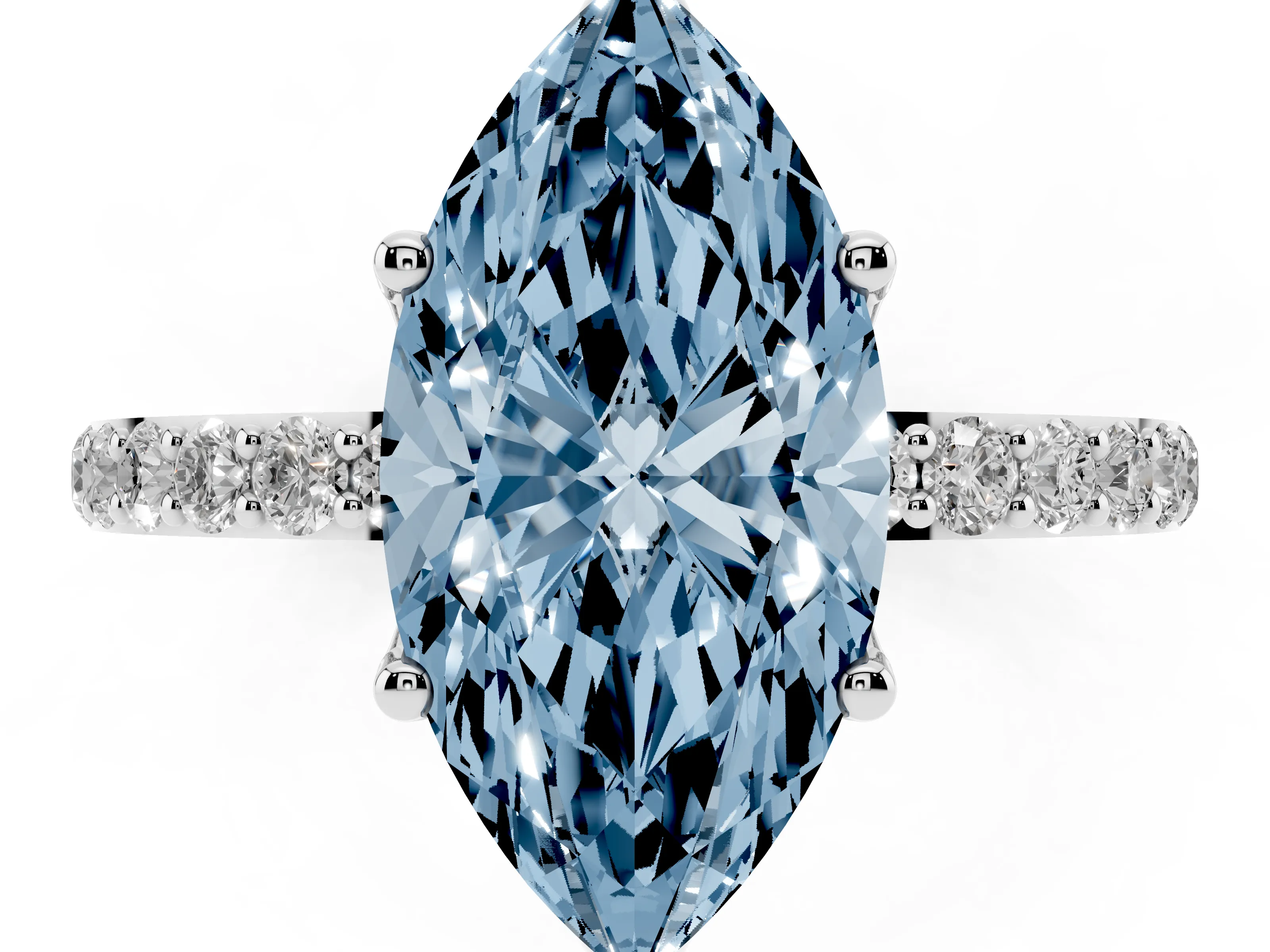 Fancy Blue Marquise Cut Diamond Solitaire Engagement Ring Set in Silver with Round Pavé Band and Prong Setting